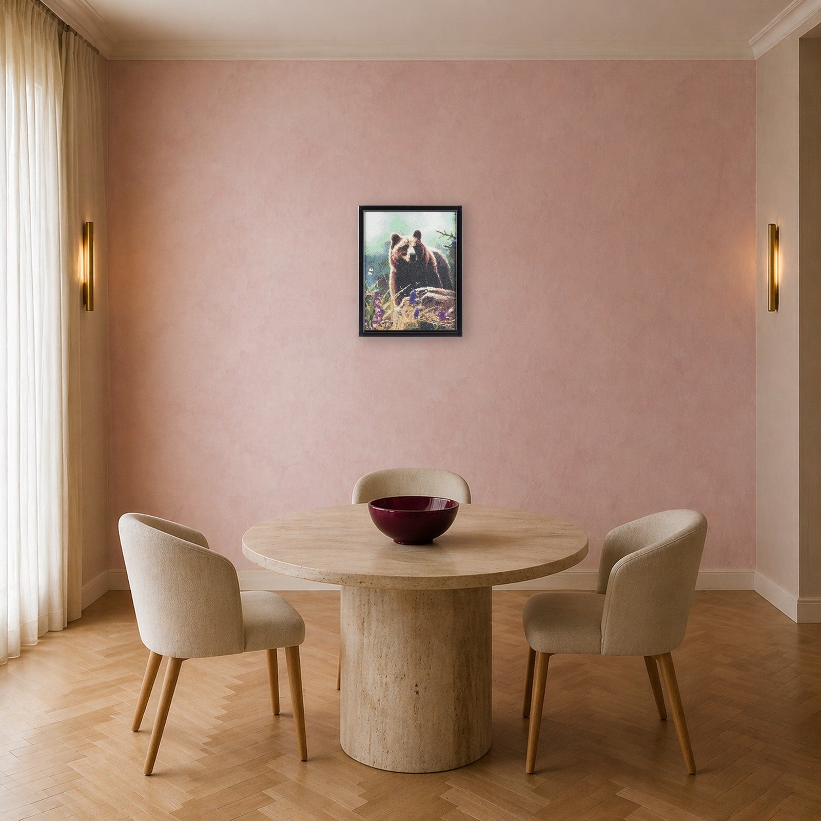 Bear handcrafted grizzly bear crystal micro-mosaic wall art by Lunarti in a blush dining room with travertine table