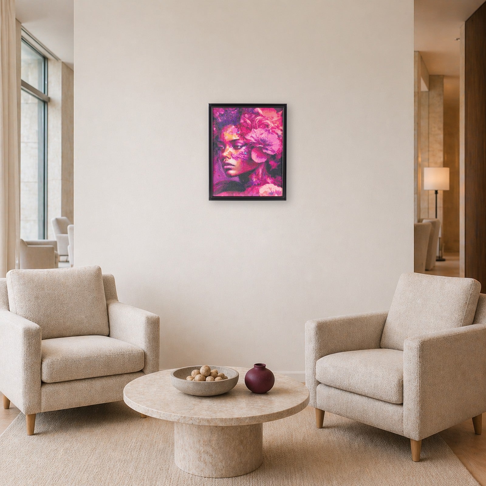 Black Swan handcrafted pink floral portrait crystal micro-mosaic wall art by Lunarti displayed in a luxury hotel lobby