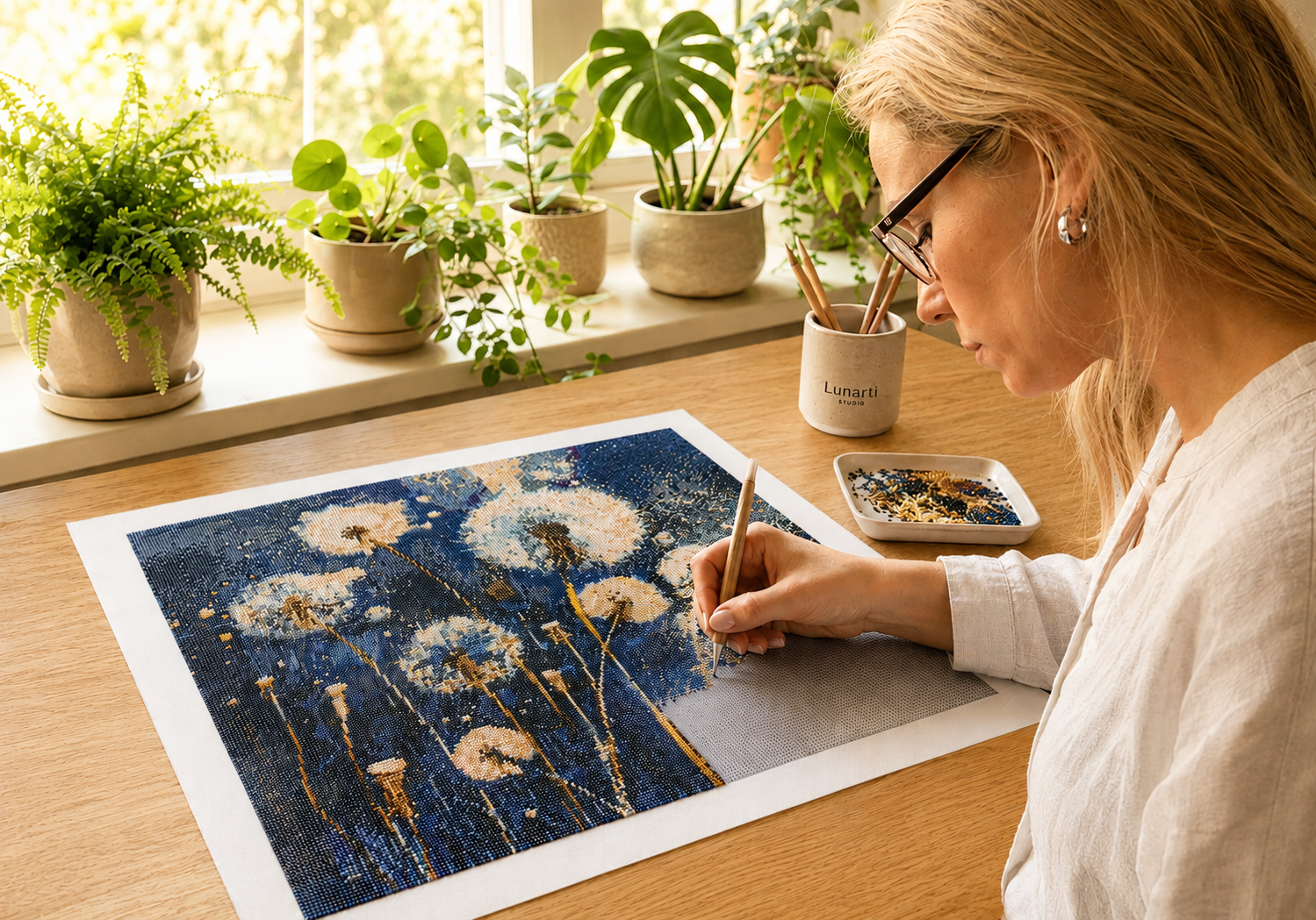 Karolina Sofronieva, Lunarti founder and creator, placing crystal facets on a micro-mosaic dandelion artwork in her studio.