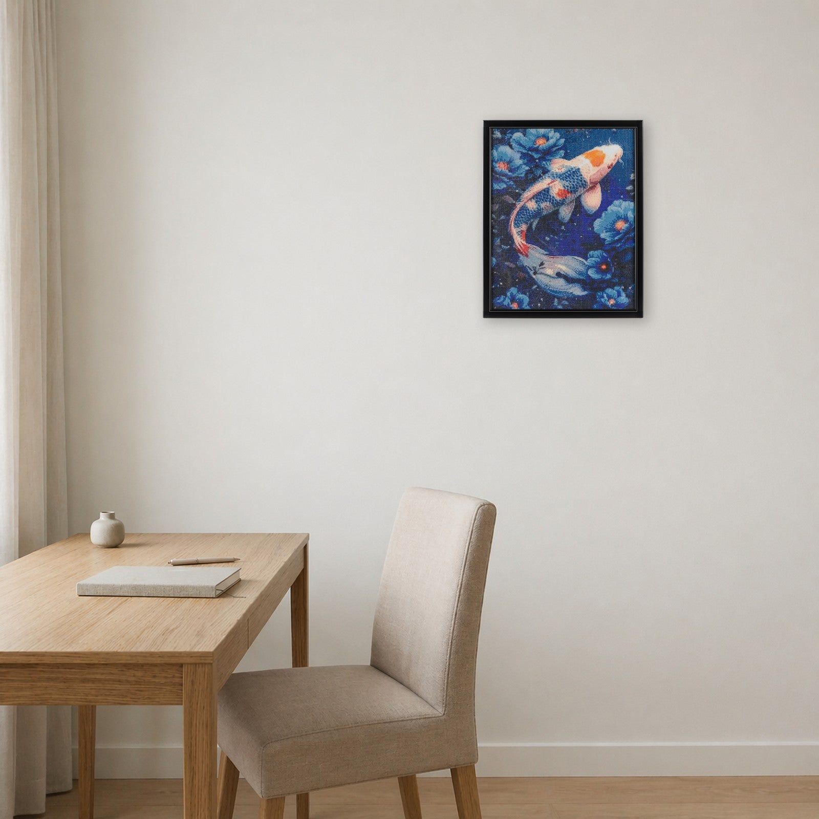 Koi handcrafted Japanese koi fish crystal micro-mosaic wall art by Lunarti displayed in a premium office interior