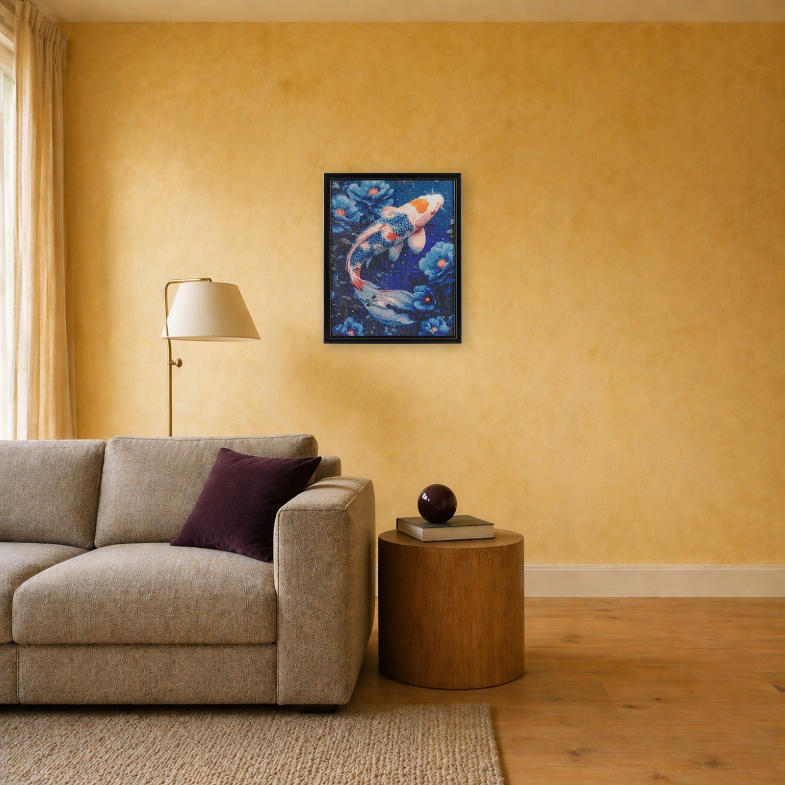 Koi handcrafted Japanese koi fish crystal micro-mosaic wall art by Lunarti in a warm ochre living room with grey linen sofa
