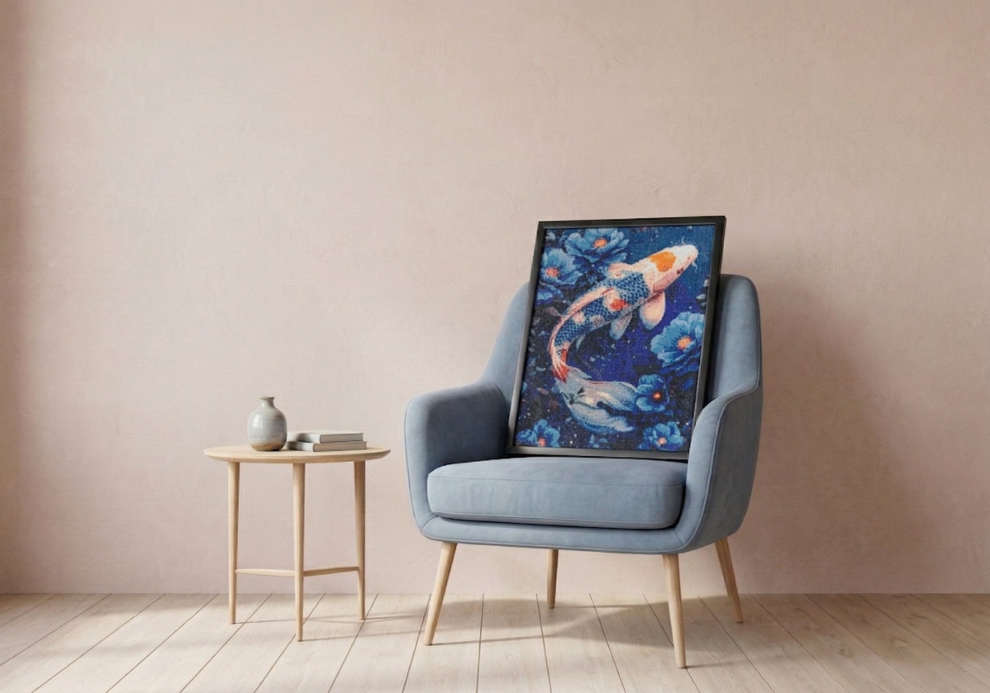 Koi handcrafted Japanese koi fish crystal micro-mosaic wall art by Lunarti leaning on a blue armchair.