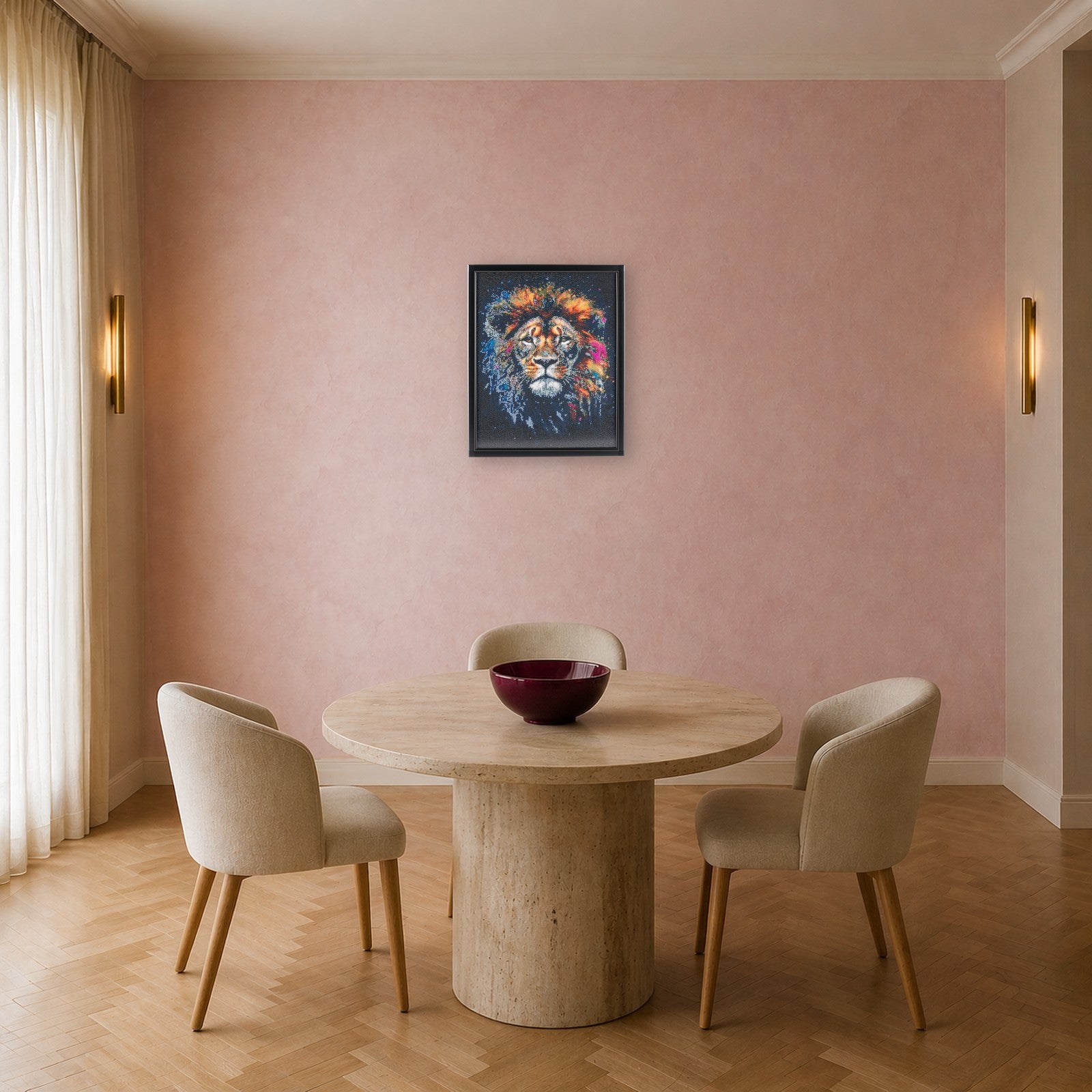 Lion handcrafted cosmic galaxy lion crystal micro-mosaic wall art by Lunarti in a blush dining room with travertine table