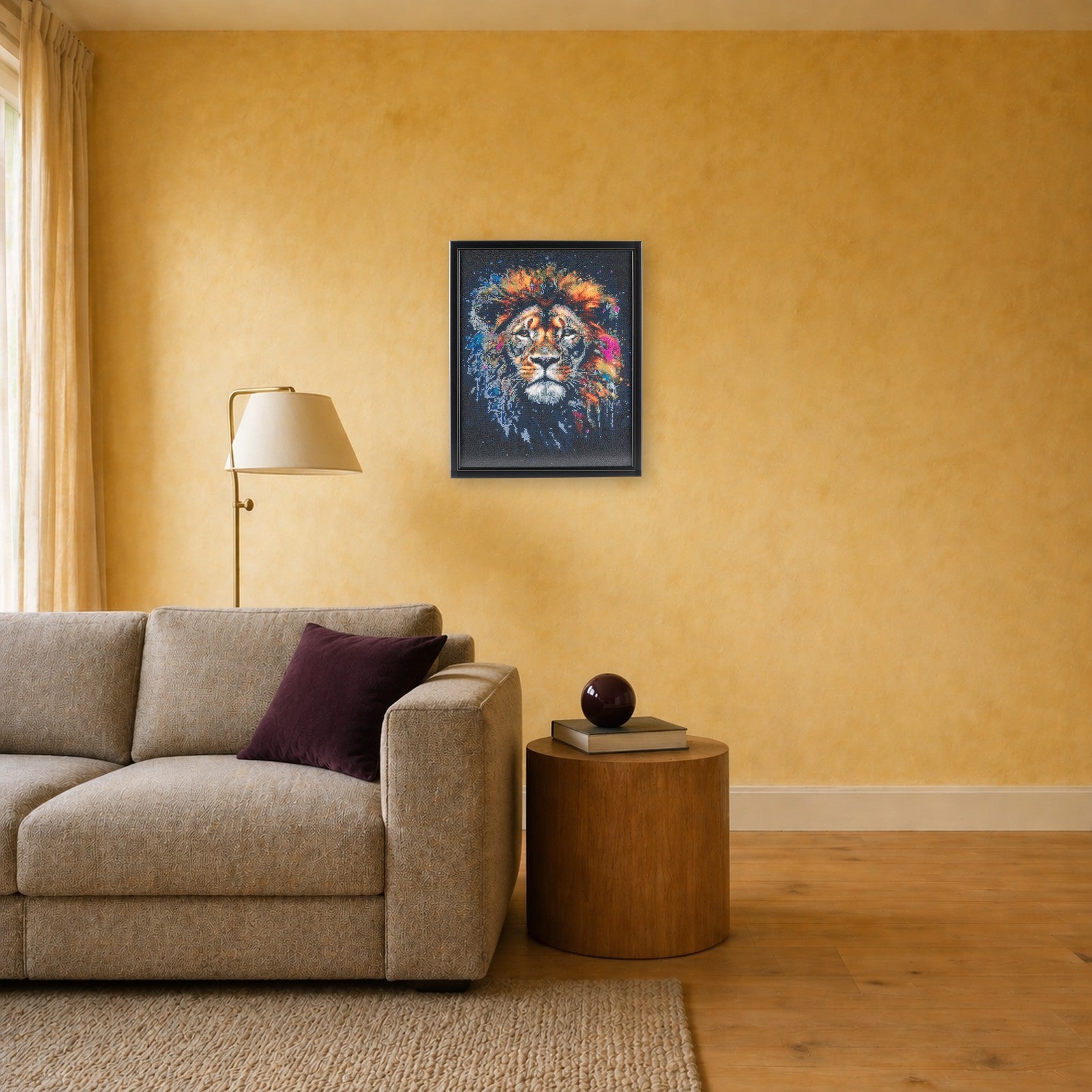 Lion handcrafted cosmic galaxy lion crystal micro-mosaic wall art by Lunarti in a warm ochre living room with grey linen sofa
