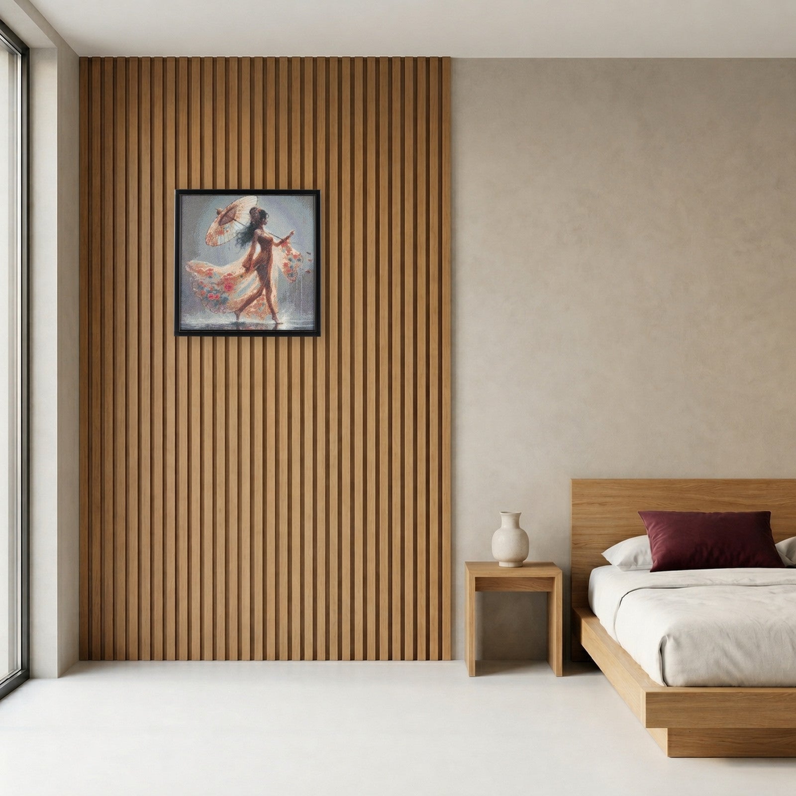 Muse handcrafted figurative woman with parasol crystal micro-mosaic wall art by Lunarti in a Japandi bedroom with oak wall