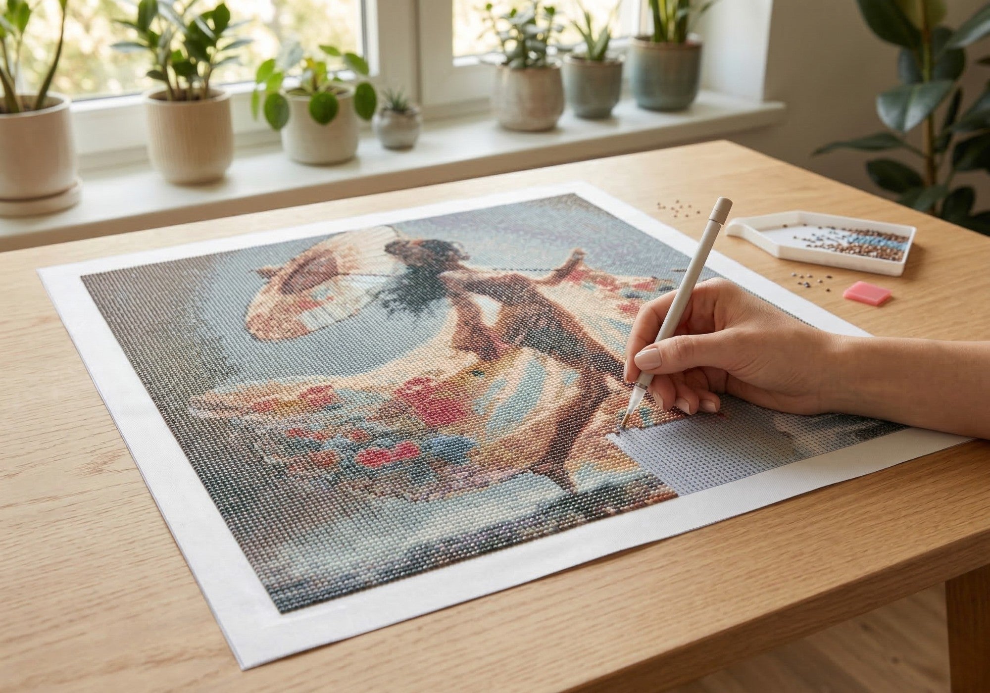 Muse handcrafted figurative woman with parasol crystal micro-mosaic creation process by Lunarti