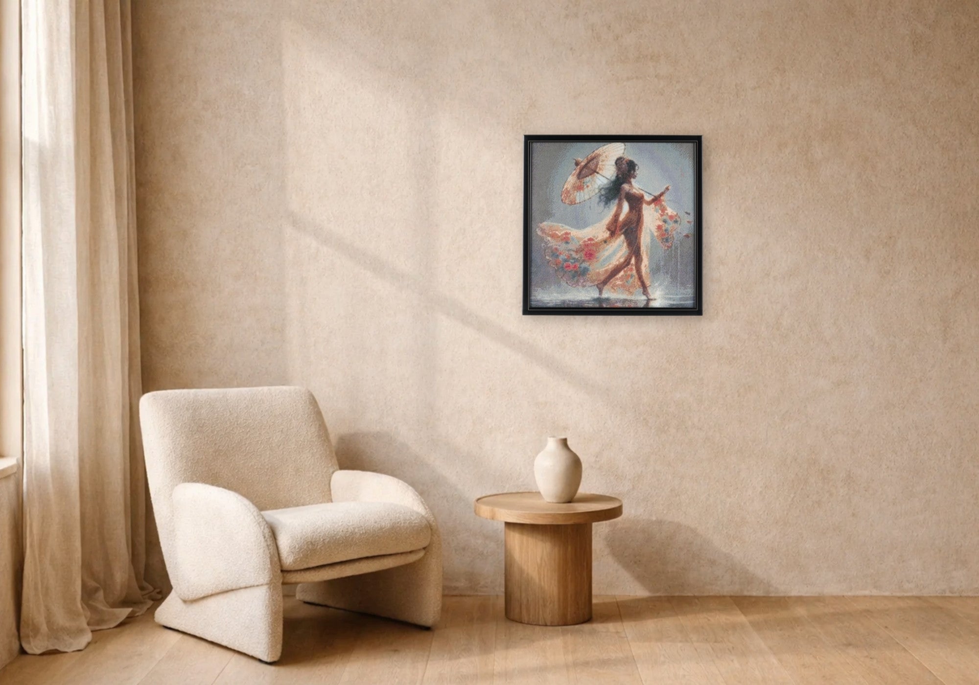 Muse handcrafted figurative woman with parasol crystal micro-mosaic wall art by Lunarti displayed in a warm minimal interior