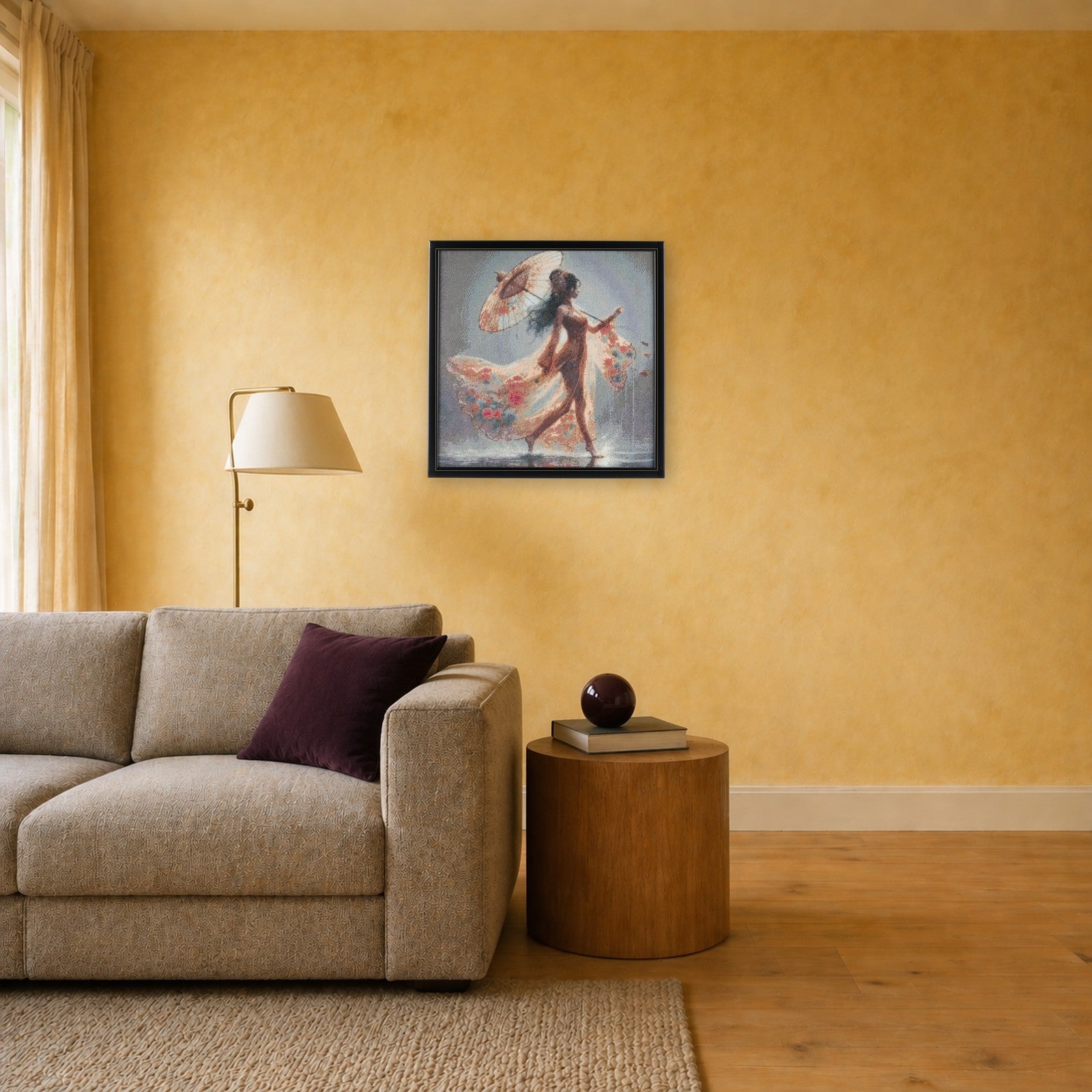 Muse handcrafted figurative woman with parasol crystal micro-mosaic wall art by Lunarti in a warm ochre living room with sofa