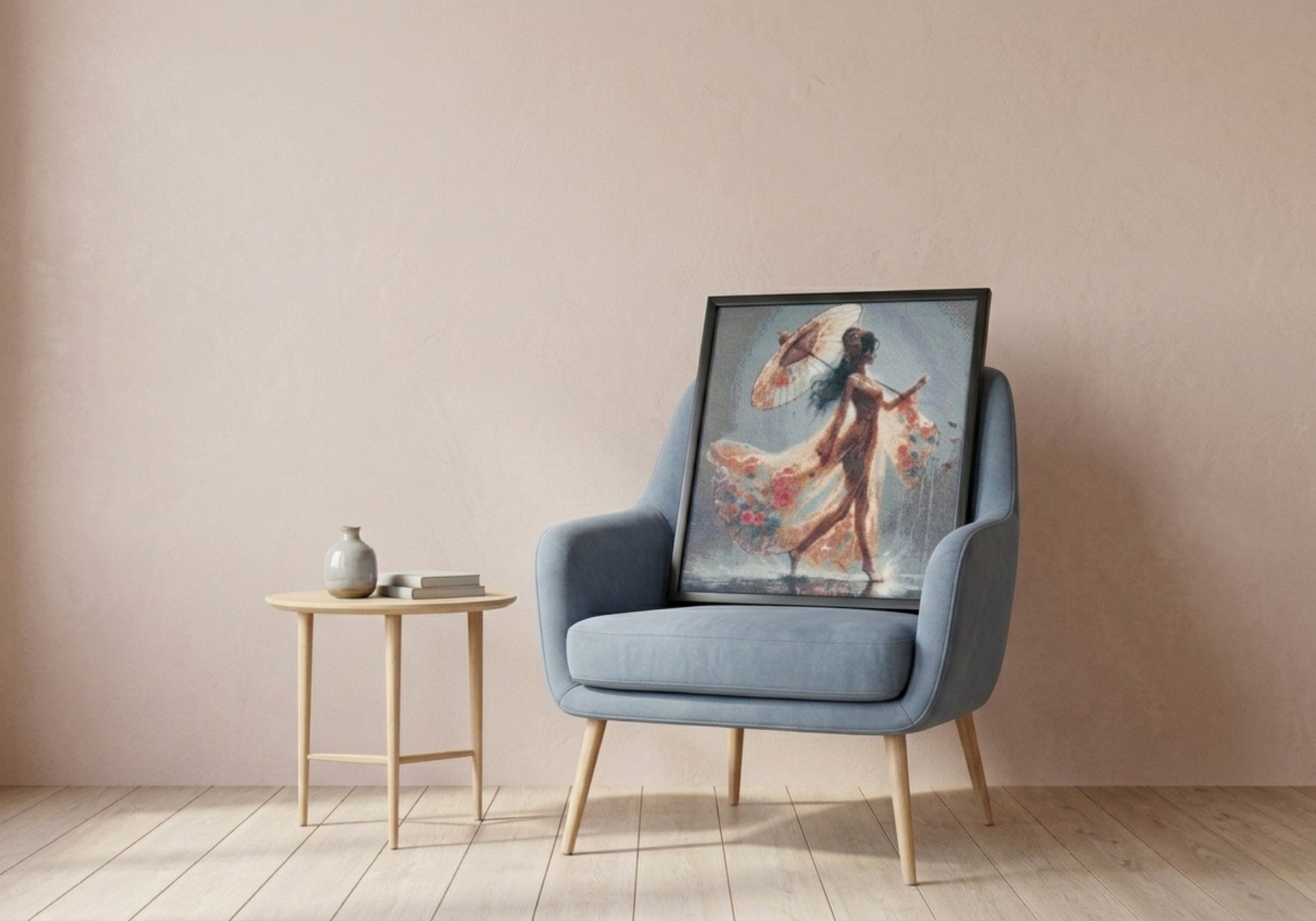 Muse handcrafted figurative woman with parasol crystal micro-mosaic wall art by Lunarti leaning on a blue armchair
