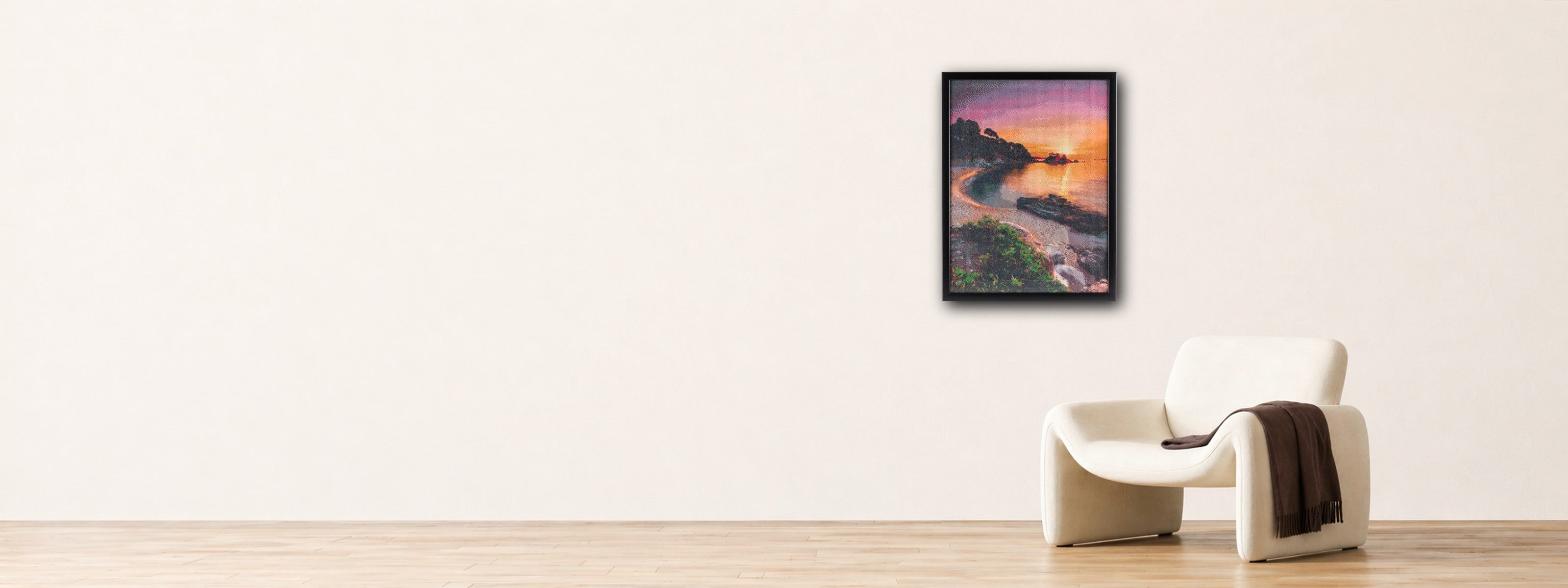 Ocean handcrafted seascape crystal micro-mosaic wall art by Lunarti displayed in a minimal interior with black float frame