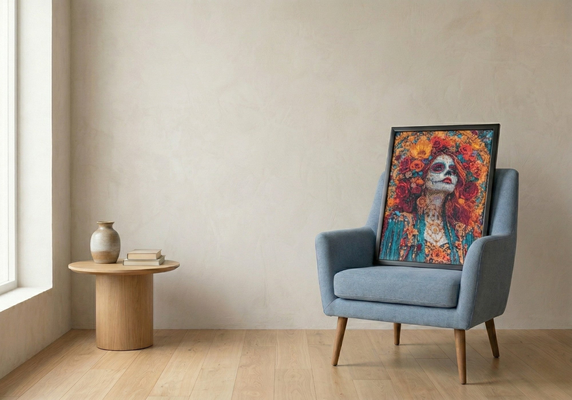 Woman in Flowers handcrafted sugar skull crystal micro-mosaic wall art by Lunarti leaning on a blue armchair.