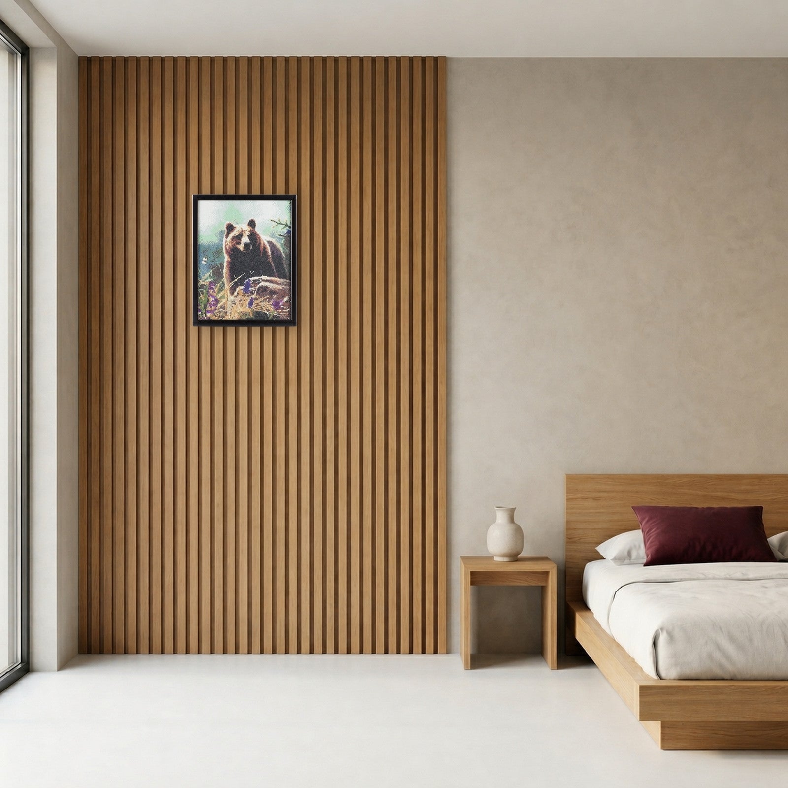 Bear handcrafted grizzly bear crystal micro-mosaic wall art by Lunarti in a minimal bedroom with oak slat accent wall