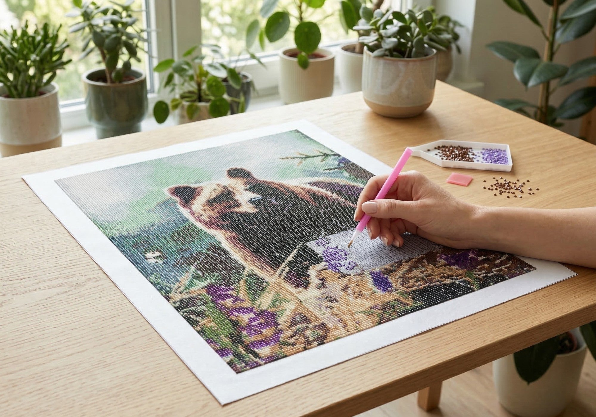 Bear handcrafted grizzly bear crystal micro-mosaic creation process by Lunarti