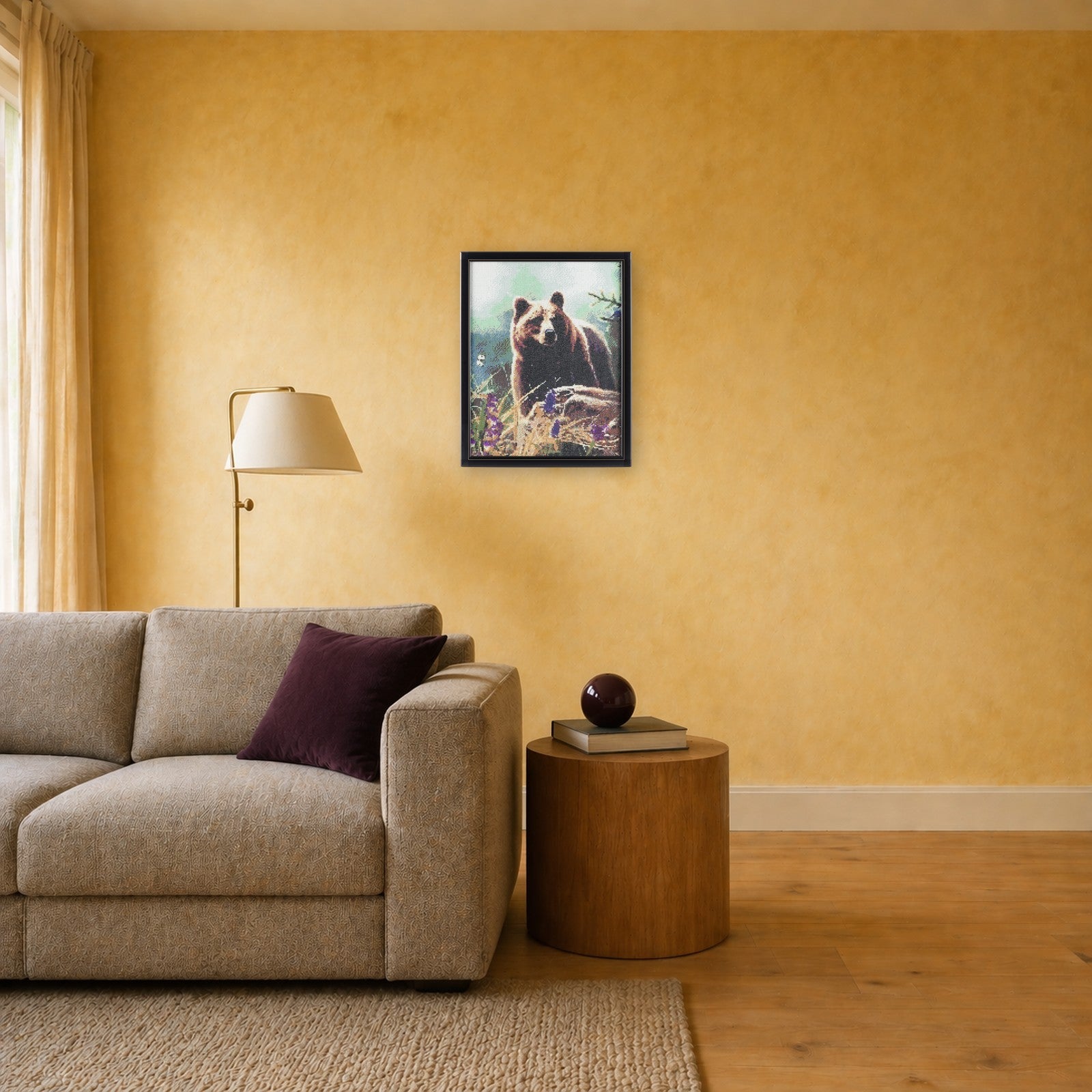 Bear handcrafted grizzly bear crystal micro-mosaic wall art by Lunarti in a warm ochre living room with linen sofa