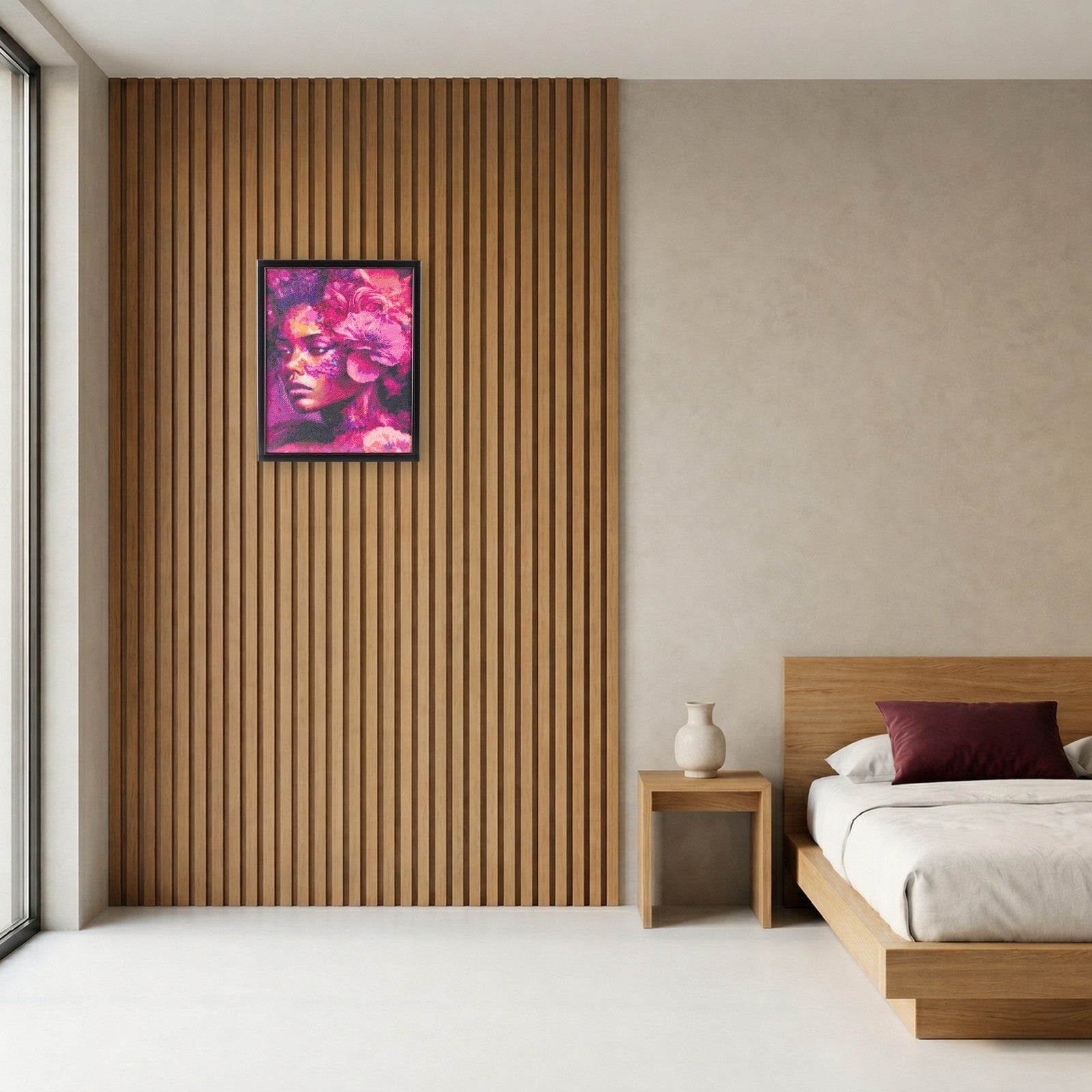 Black Swan handcrafted floral portrait crystal micro-mosaic wall art by Lunarti in a minimal bedroom with oak slat wall