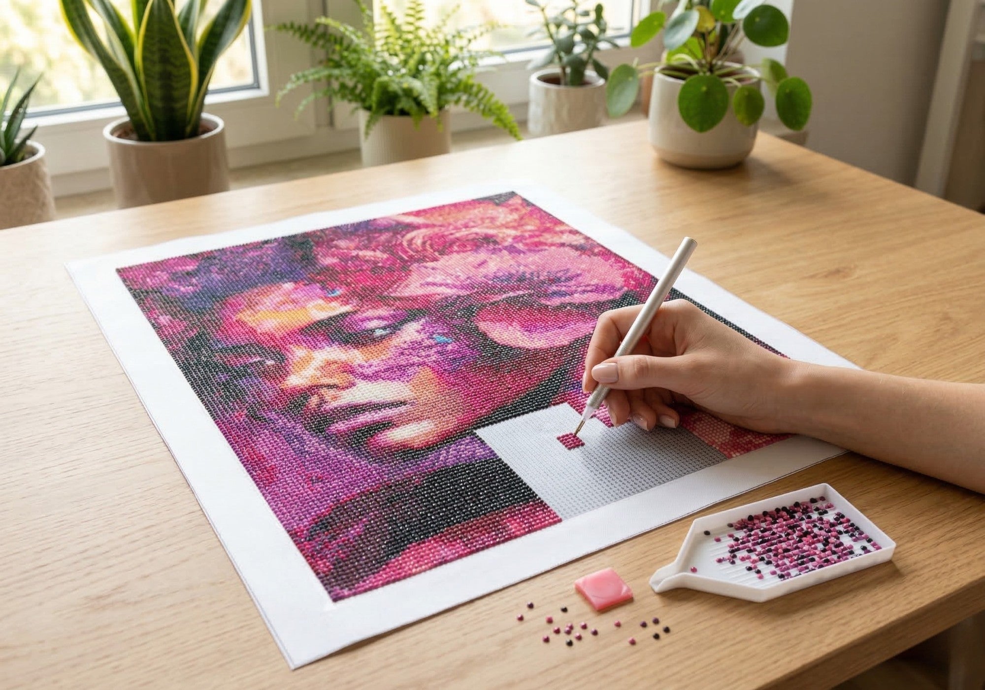 Black Swan handcrafted pink floral crystal micro-mosaic creation process by Lunarti