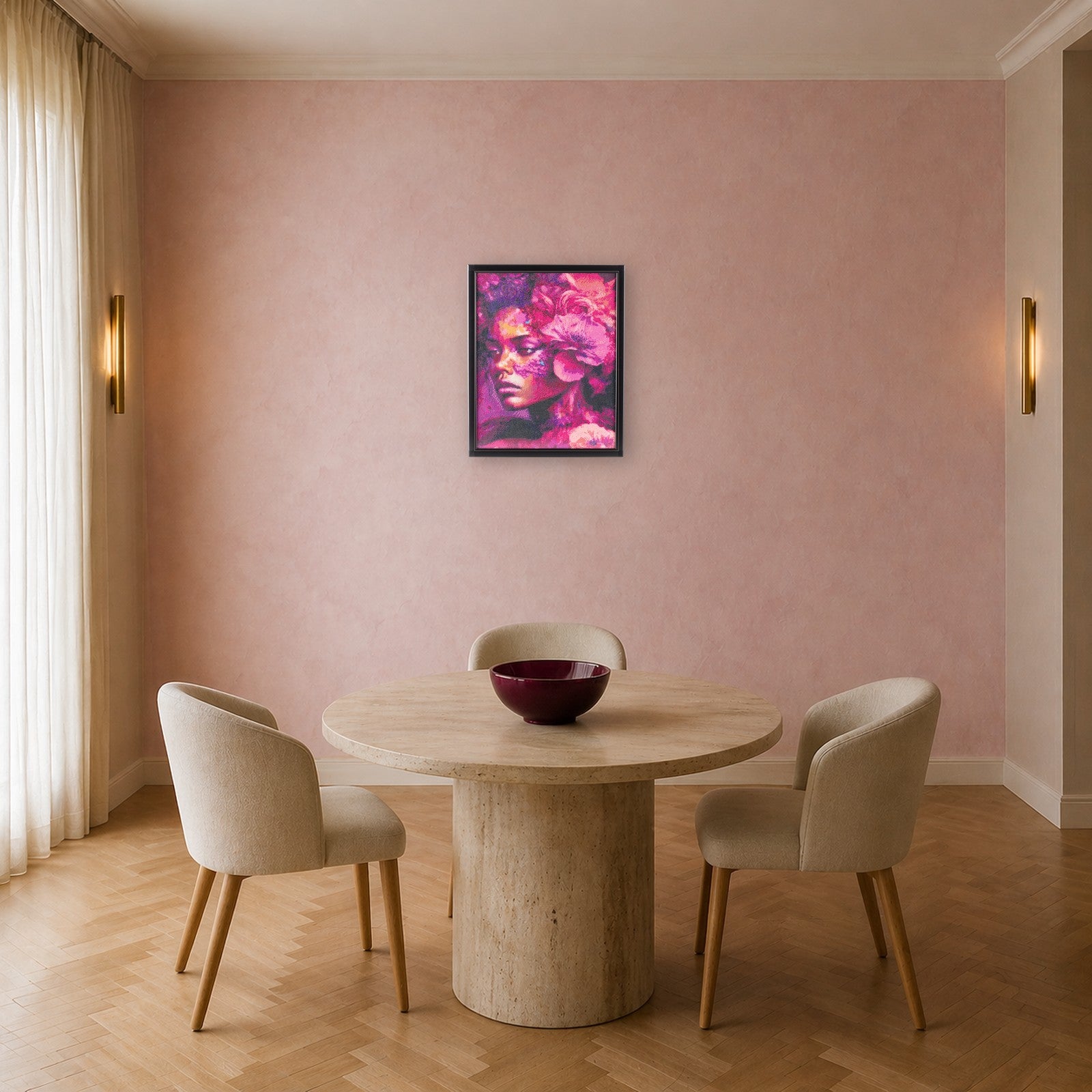 Black Swan handcrafted floral portrait crystal micro-mosaic wall art by Lunarti in a blush dining room with travertine table