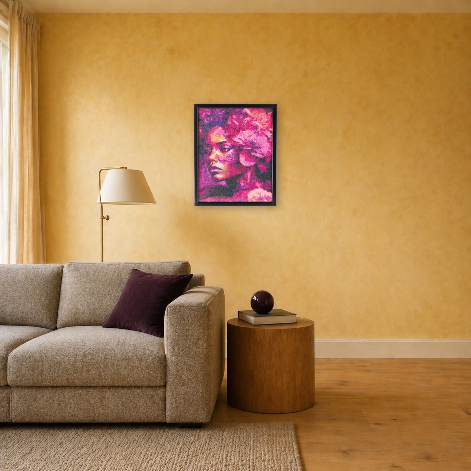 Black Swan handcrafted floral portrait crystal micro-mosaic wall art by Lunarti in a warm ochre living room with linen sofa