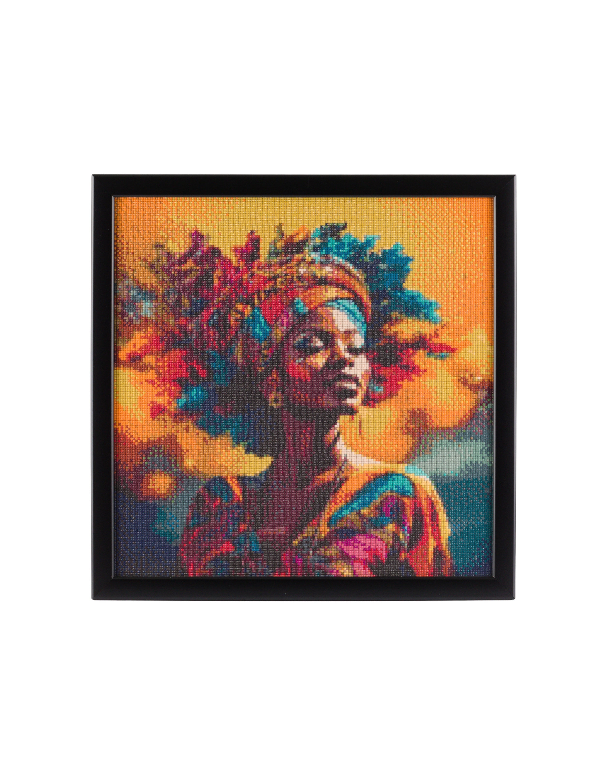 Freedom in Colors handcrafted African woman portrait crystal micro-mosaic wall art by Lunarti | Vibrant warm tones in 29,000 precision-set facets | One-of-a-kind luxury wall art 