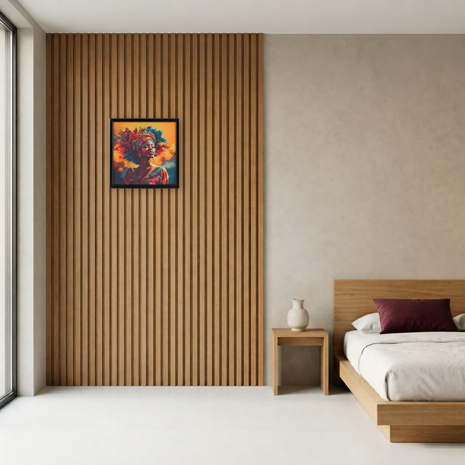 Freedom in Colors handcrafted African woman crystal micro-mosaic wall art by Lunarti in a minimal bedroom with oak slat wall