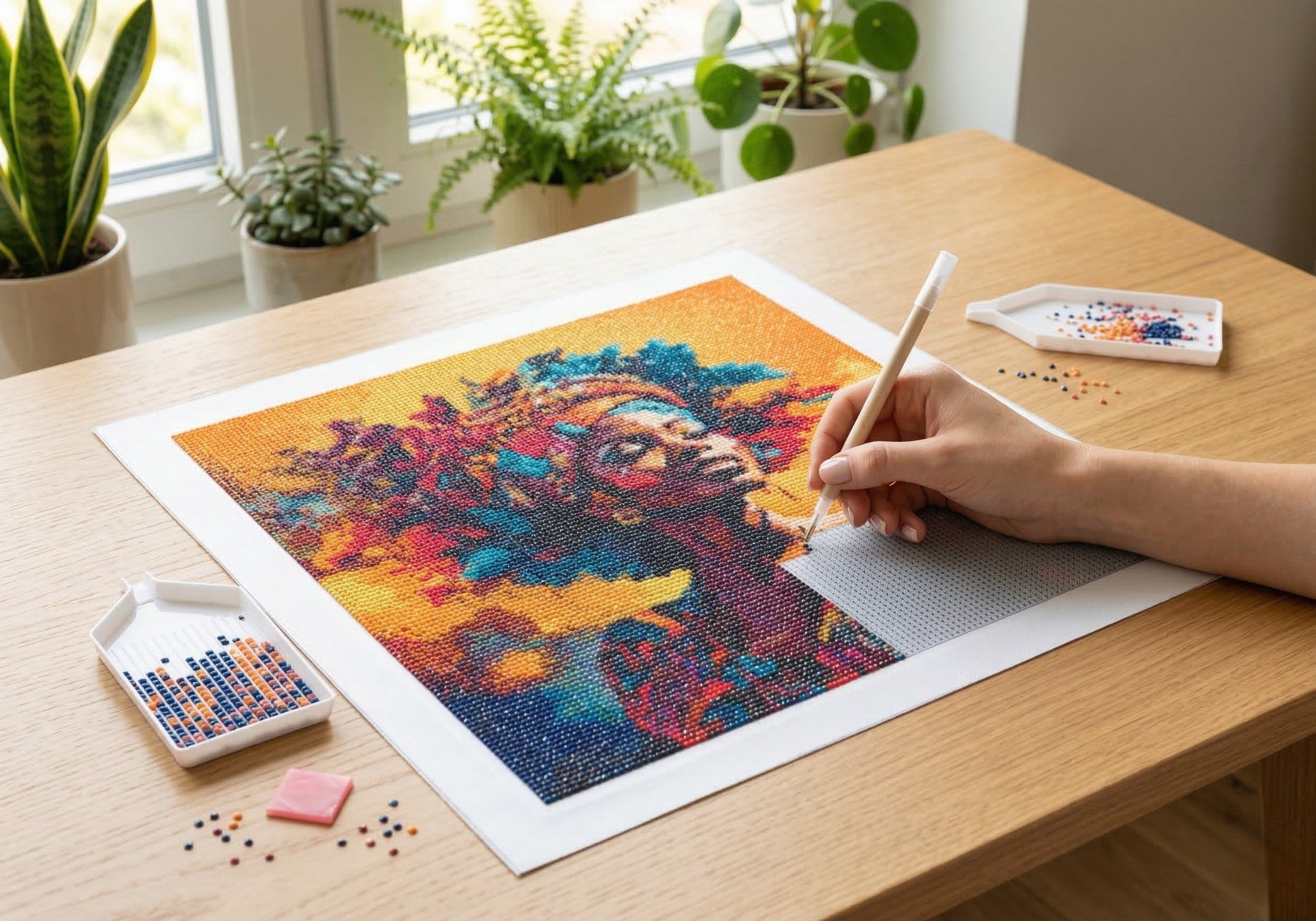 Freedom in Colors handcrafted African woman crystal micro-mosaic creation process by Lunarti
