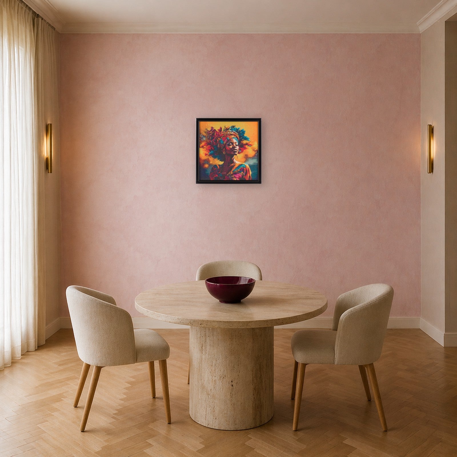 Freedom in Colors handcrafted African woman crystal micro-mosaic wall art by Lunarti in a blush dining room with travertine