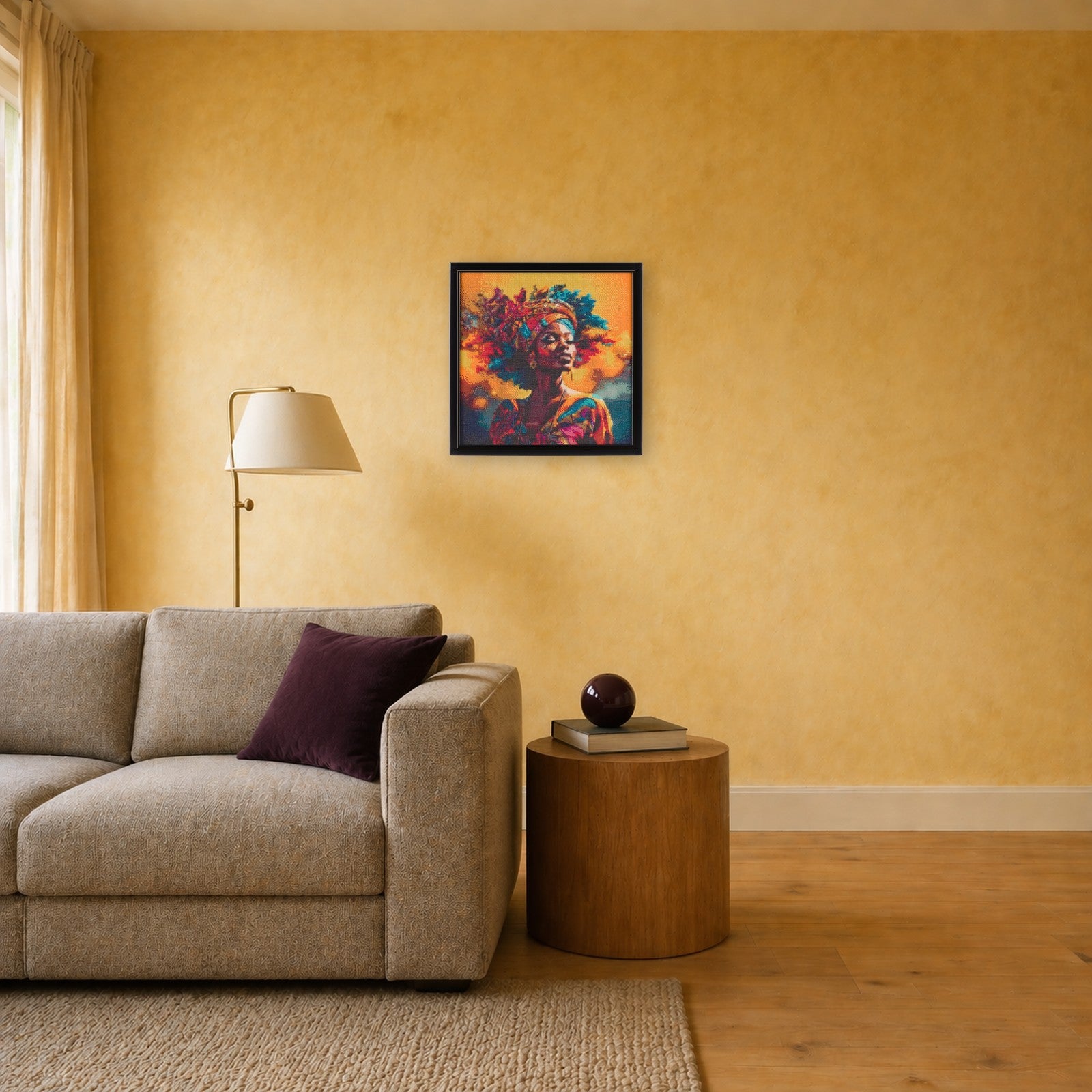 Freedom in Colors handcrafted African woman crystal micro-mosaic wall art by Lunarti in a warm ochre living room with sofa