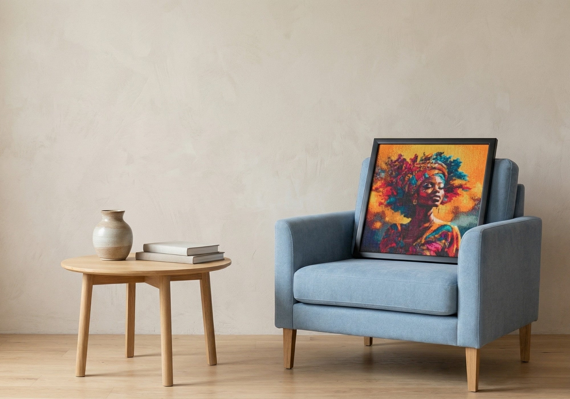 Freedom in Colors handcrafted African woman crystal micro-mosaic wall art by Lunarti leaning on a blue armchair.