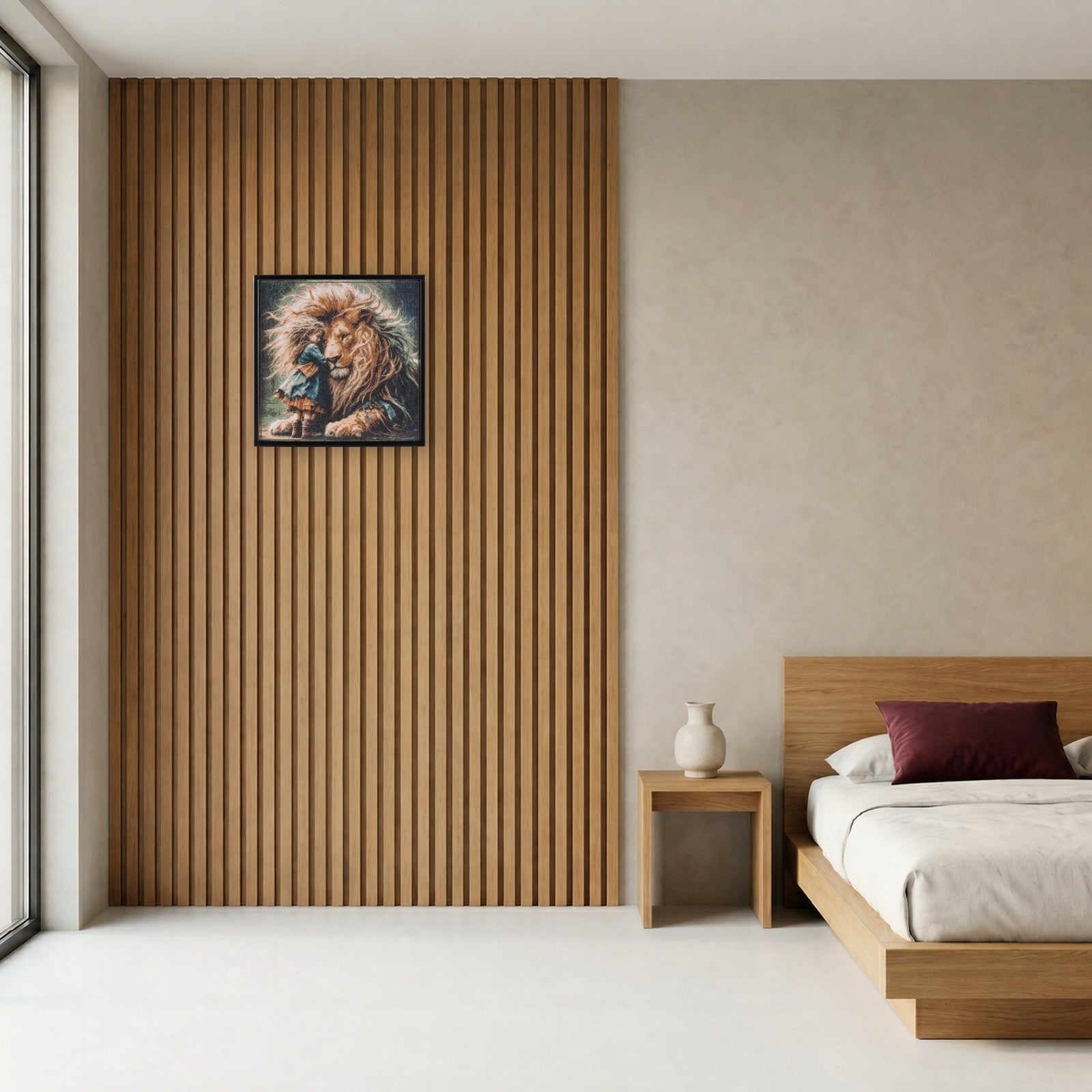 Journey Home handcrafted lion and child crystal micro-mosaic wall art by Lunarti in a minimal bedroom with oak slat wall