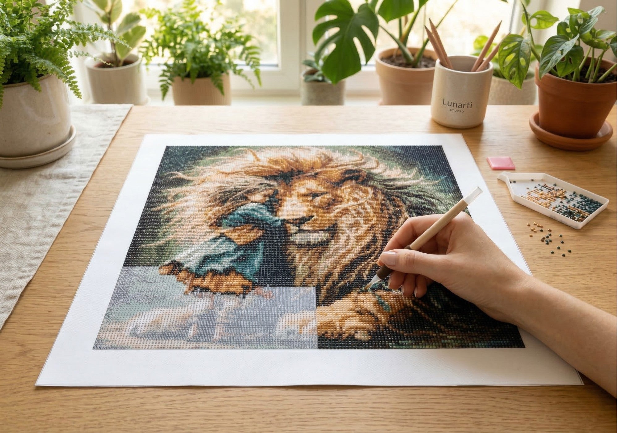 Journey Home handcrafted lion and child crystal micro-mosaic creation process by Lunarti