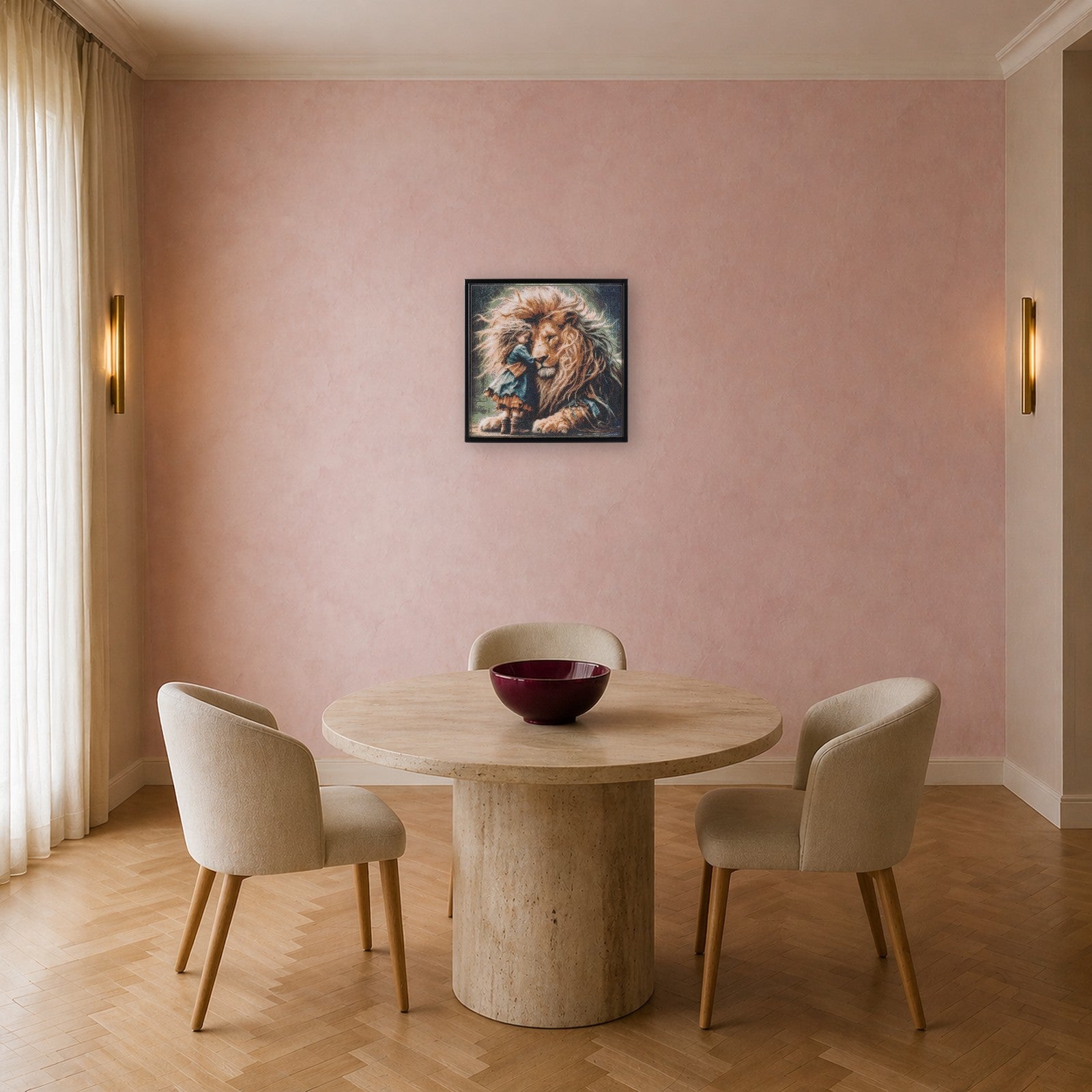  Journey Home handcrafted lion and child crystal micro-mosaic wall art by Lunarti in a blush dining room with travertine table