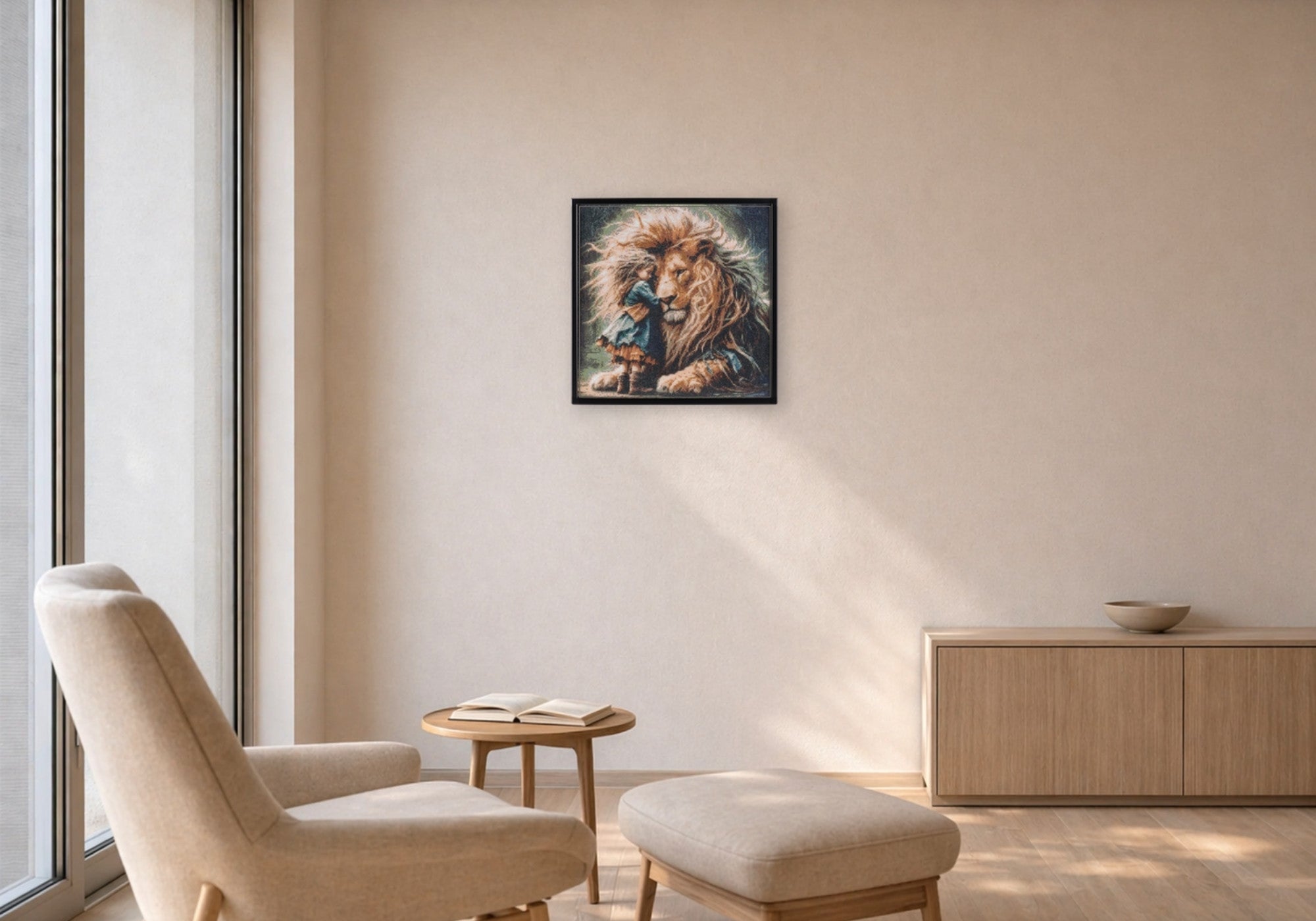 Journey Home handcrafted lion and child crystal micro-mosaic wall art by Lunarti in a Scandinavian living room