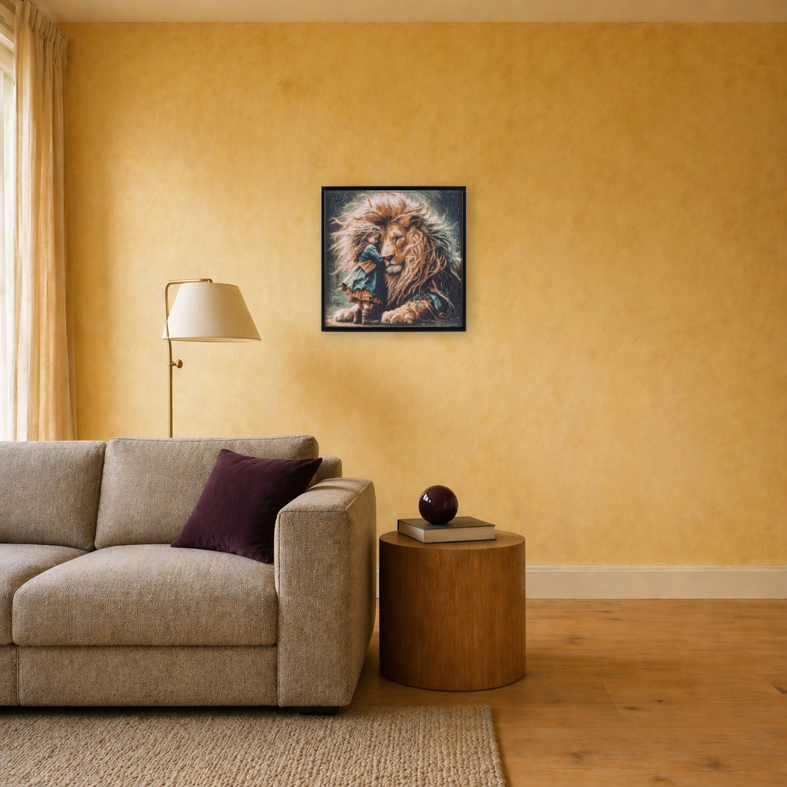 Journey Home handcrafted lion and child crystal micro-mosaic wall art by Lunarti in a warm ochre living room with linen sofa