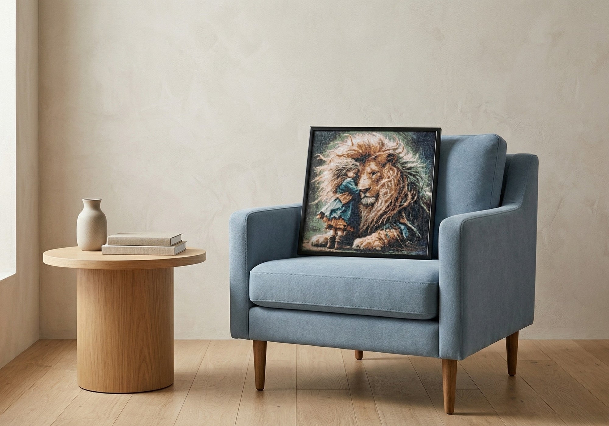 Journey Home handcrafted lion and child crystal micro-mosaic wall art by Lunarti leaning on a blue armchair.
