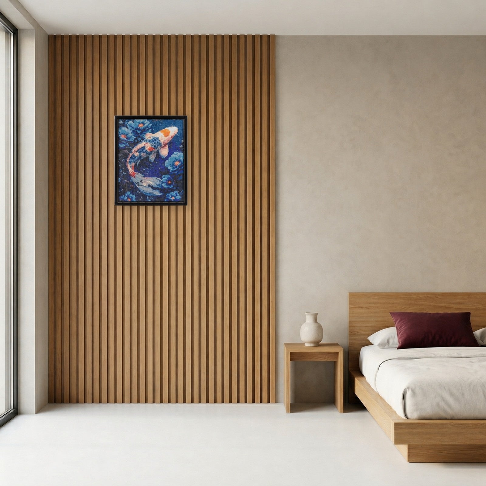Koi handcrafted Japanese koi fish crystal micro-mosaic wall art by Lunarti in a minimal bedroom with oak slat wall