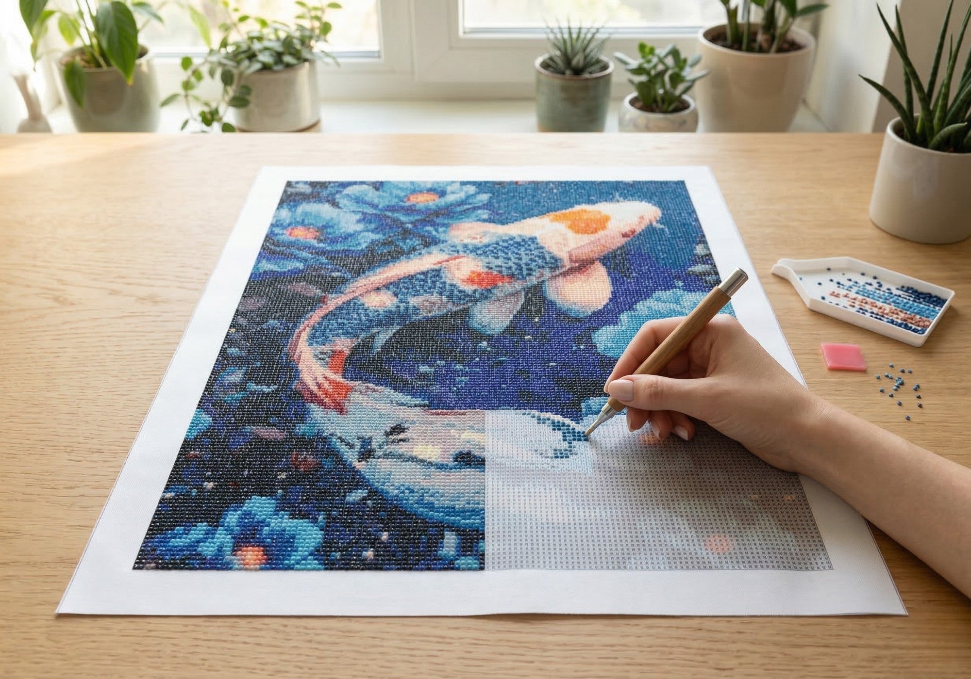 Koi handcrafted Japanese koi fish crystal micro-mosaic creation process by Lunarti