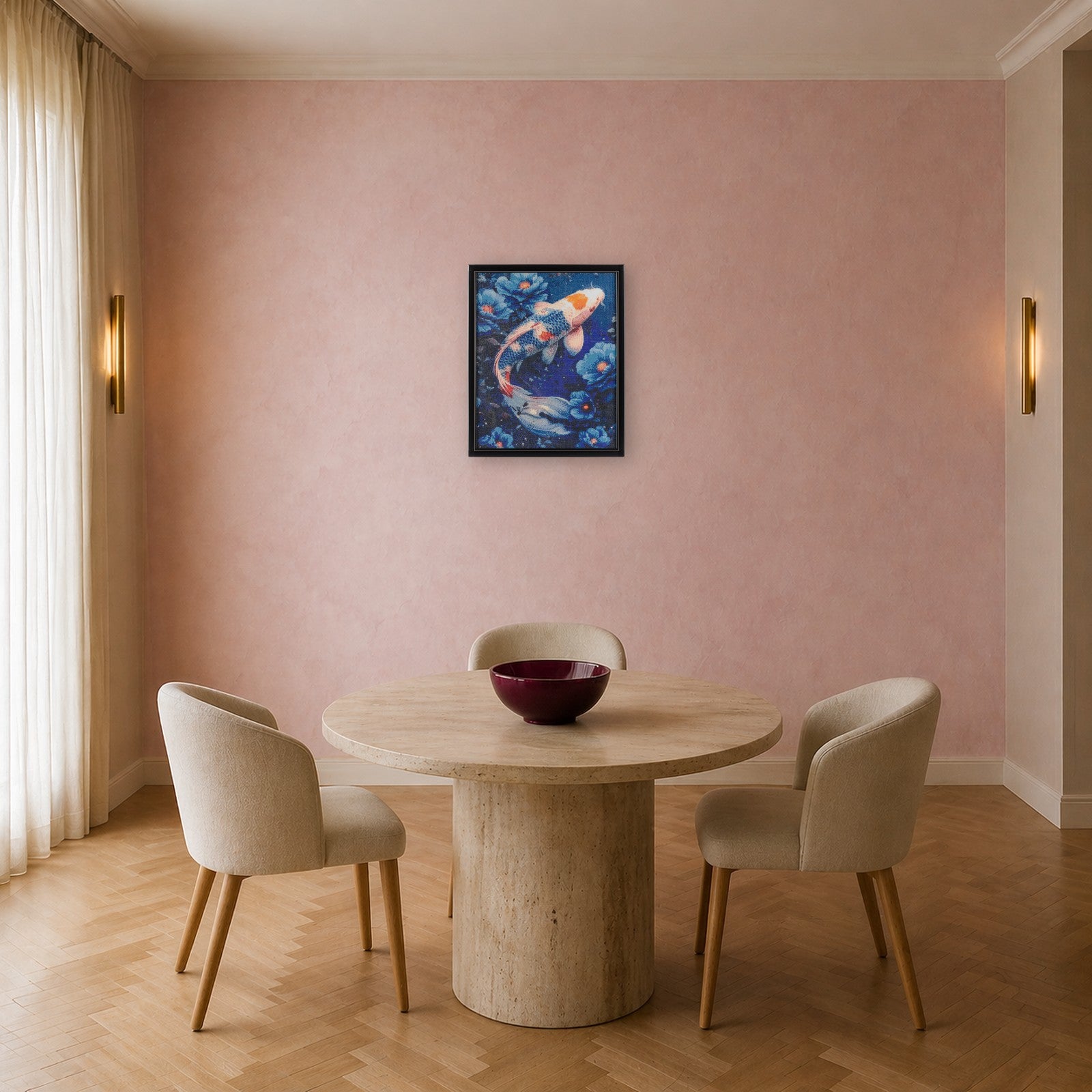 Koi handcrafted Japanese koi fish crystal micro-mosaic wall art by Lunarti in a blush dining room with travertine table