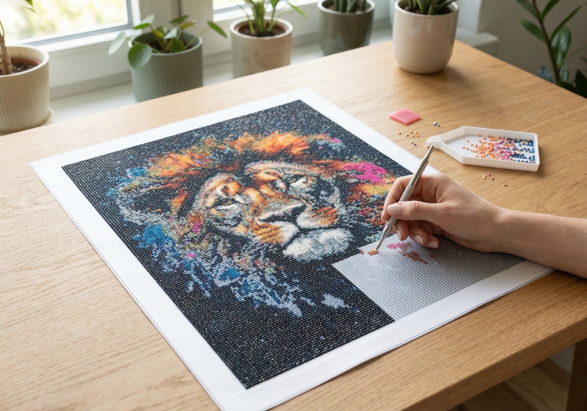 Lion handcrafted cosmic lion crystal micro-mosaic creation process by Lunarti