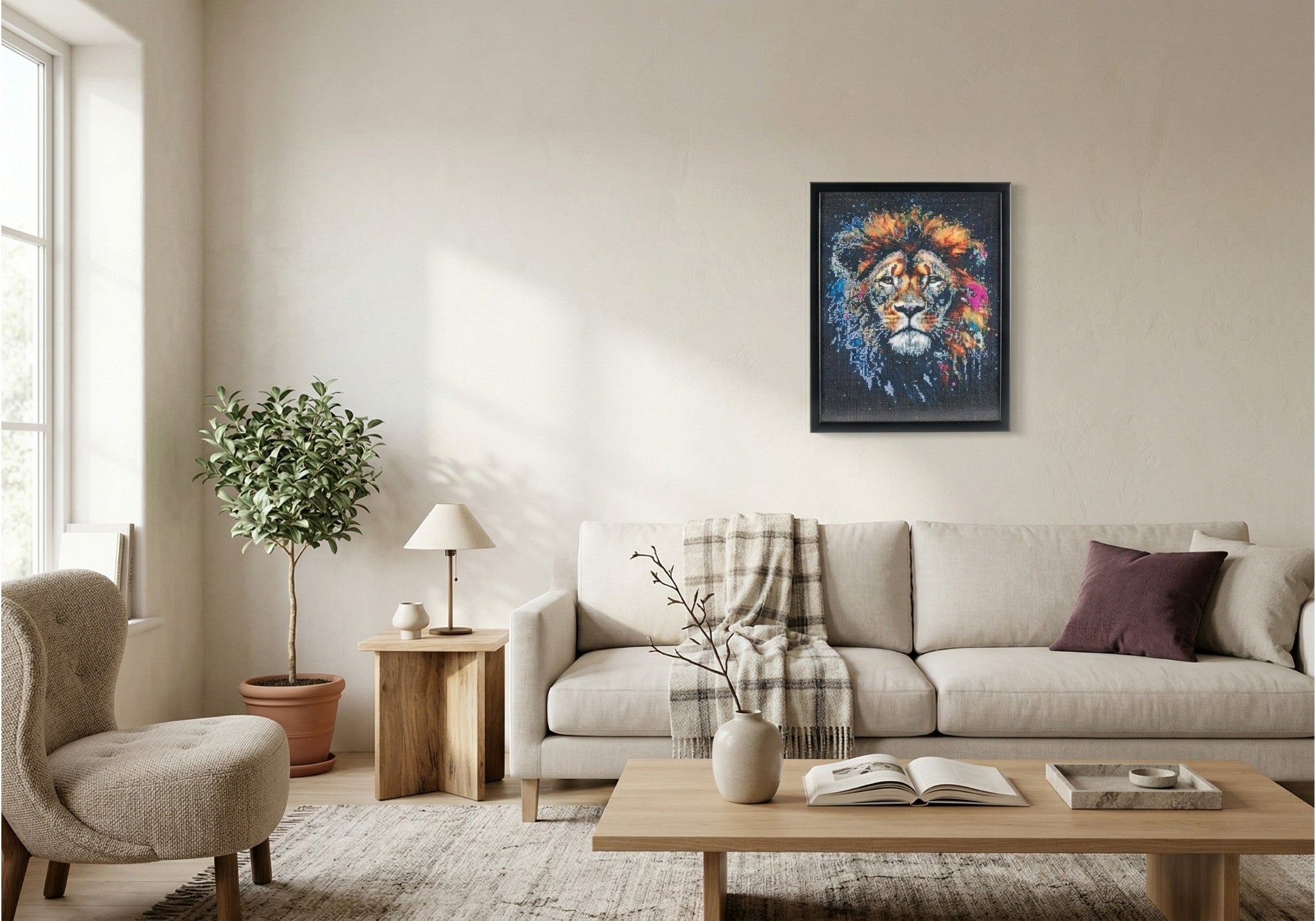 Lion handcrafted cosmic lion crystal micro-mosaic wall art by Lunarti displayed in a Scandinavian living room.