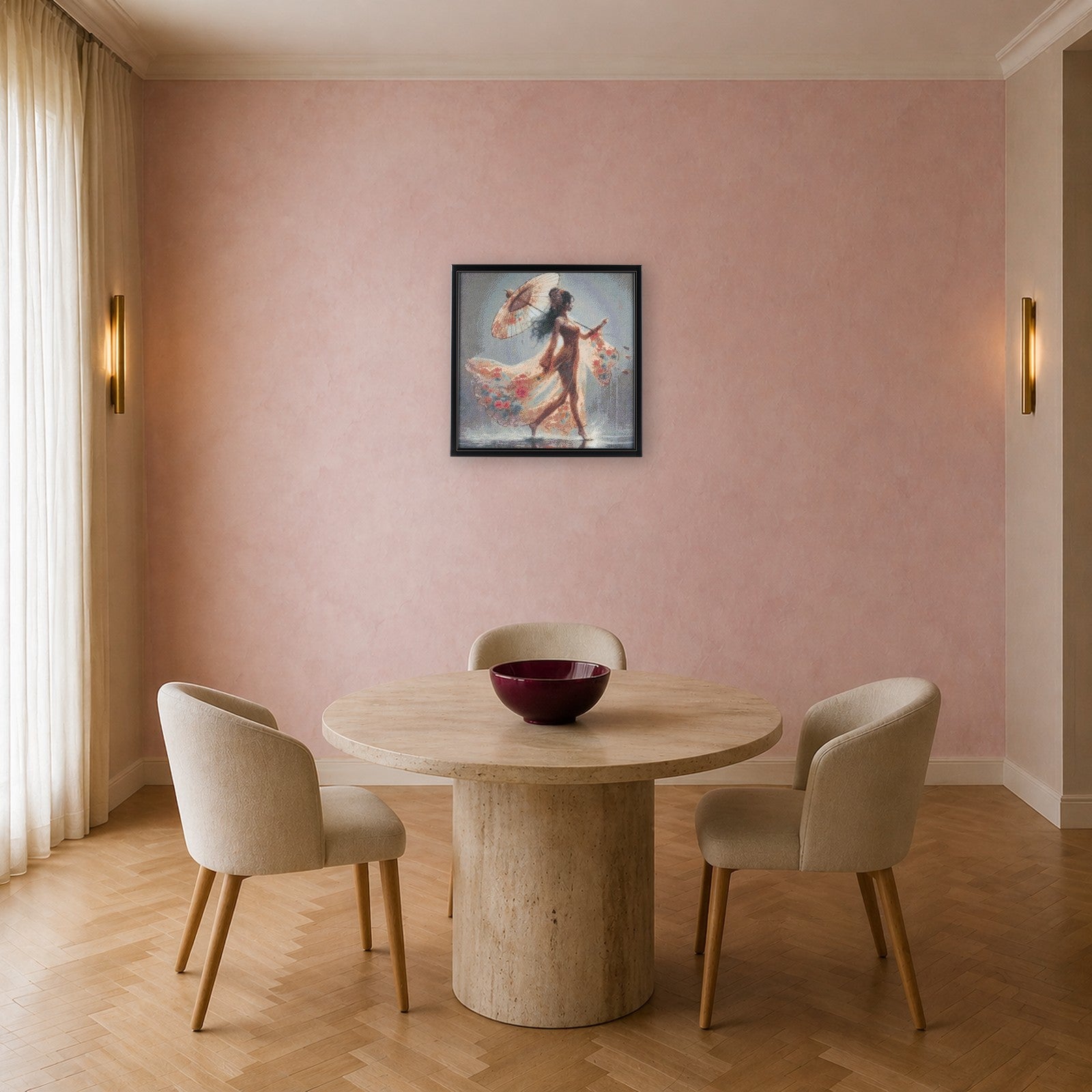 Muse handcrafted figurative woman with parasol crystal micro-mosaic wall art by Lunarti in a blush rose dining room