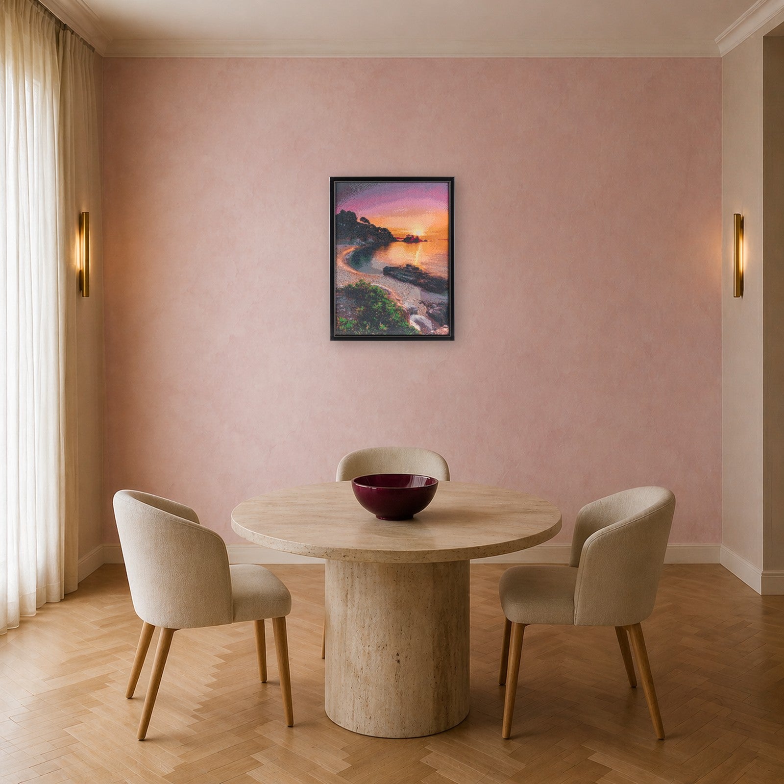 Ocean handcrafted coastal seascape crystal micro-mosaic wall art by Lunarti in a blush dining room with travertine table