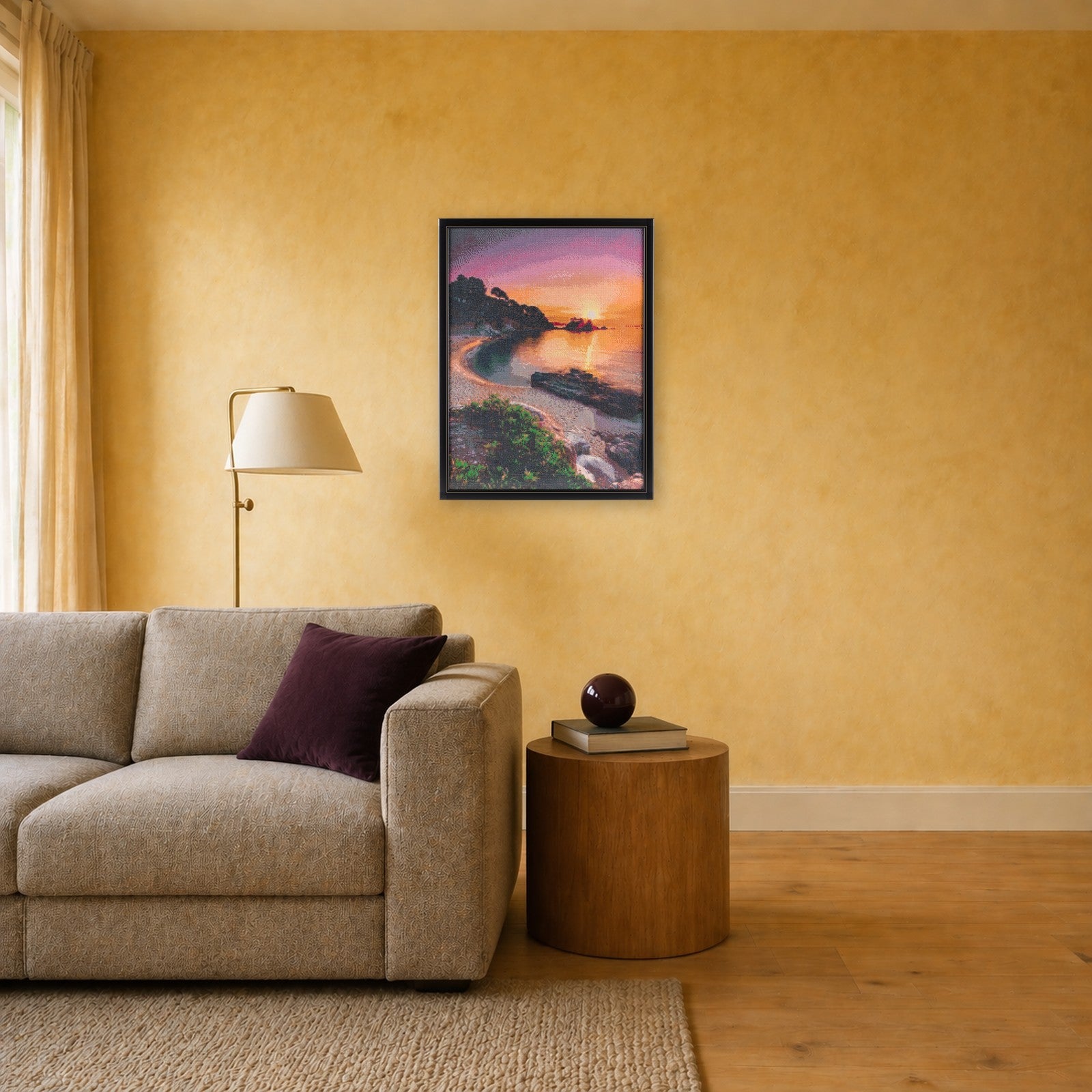 Ocean handcrafted coastal seascape crystal micro-mosaic wall art by Lunarti in a warm ochre living room with grey linen sofa