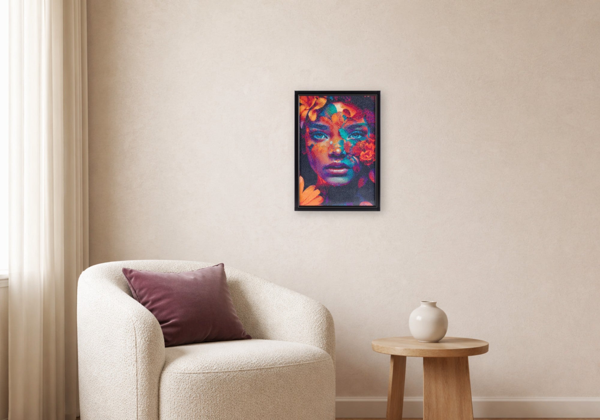 Warrior handcrafted floral portrait crystal micro-mosaic wall art by Lunarti displayed in a warm contemporary living room