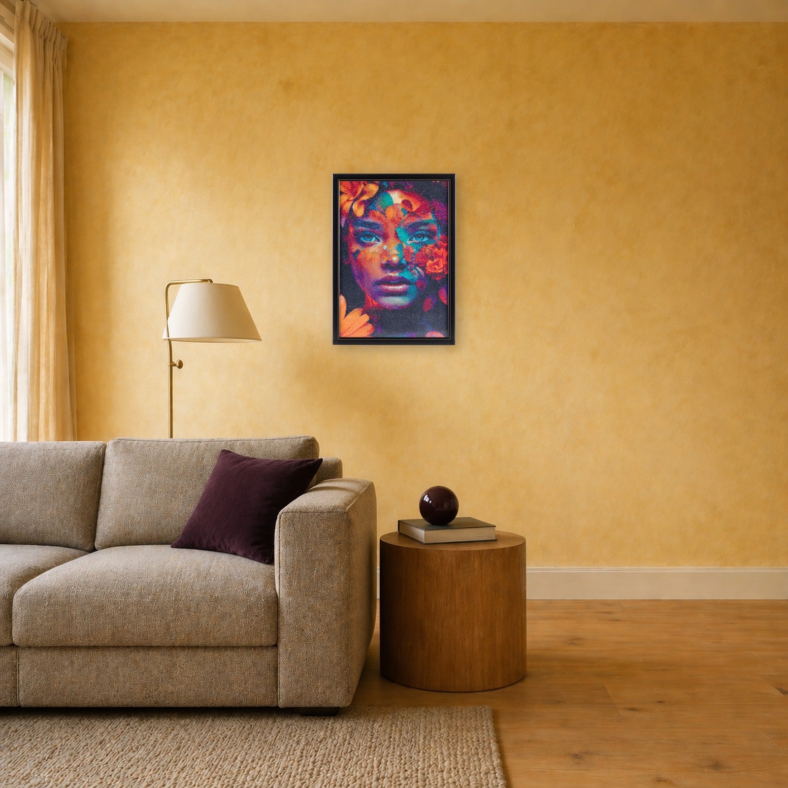 Warrior handcrafted floral portrait crystal micro-mosaic wall art by Lunarti in a warm ochre living room with grey linen sofa