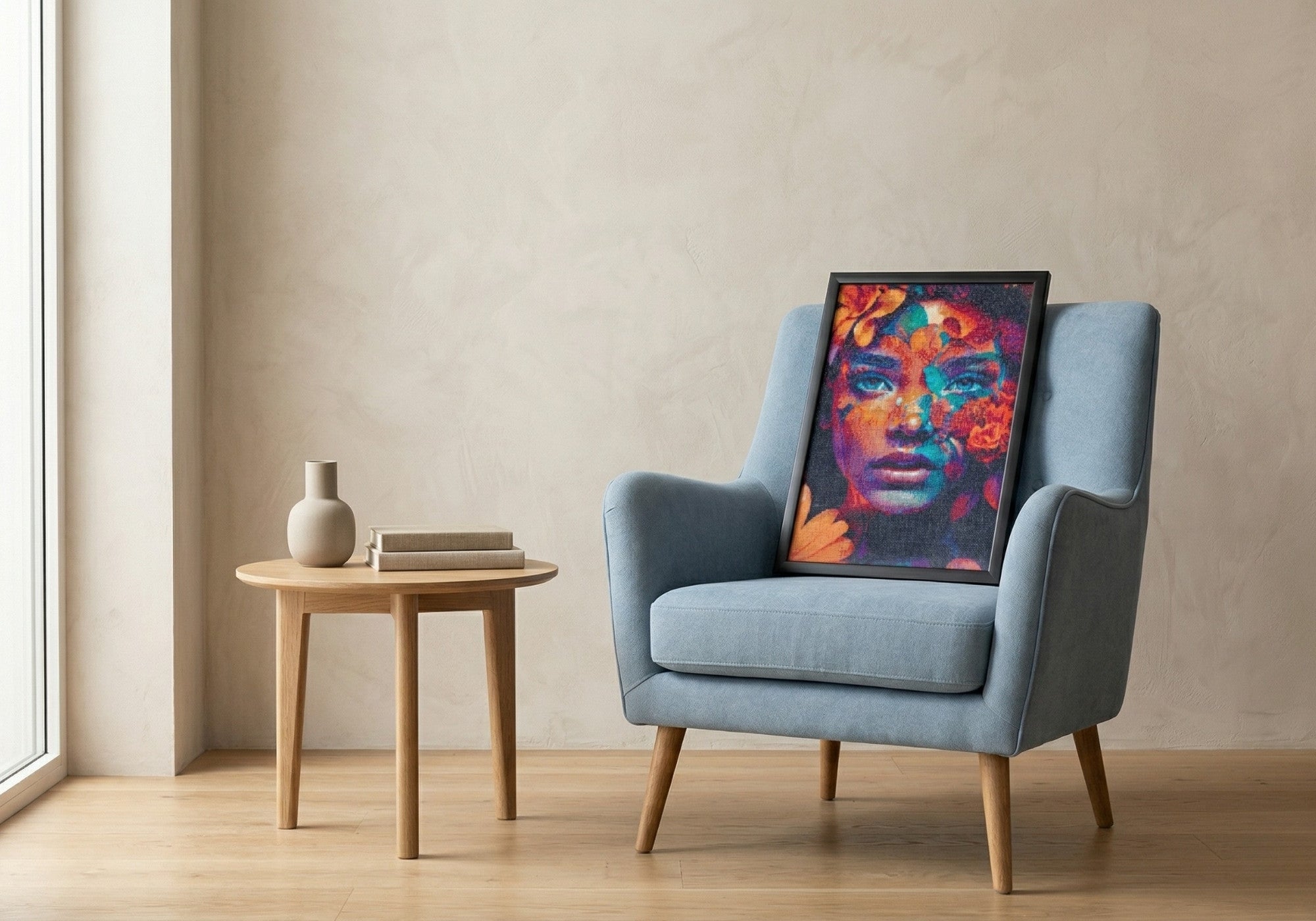 Warrior handcrafted floral portrait crystal micro-mosaic wall art by Lunarti leaning on a blue armchair.