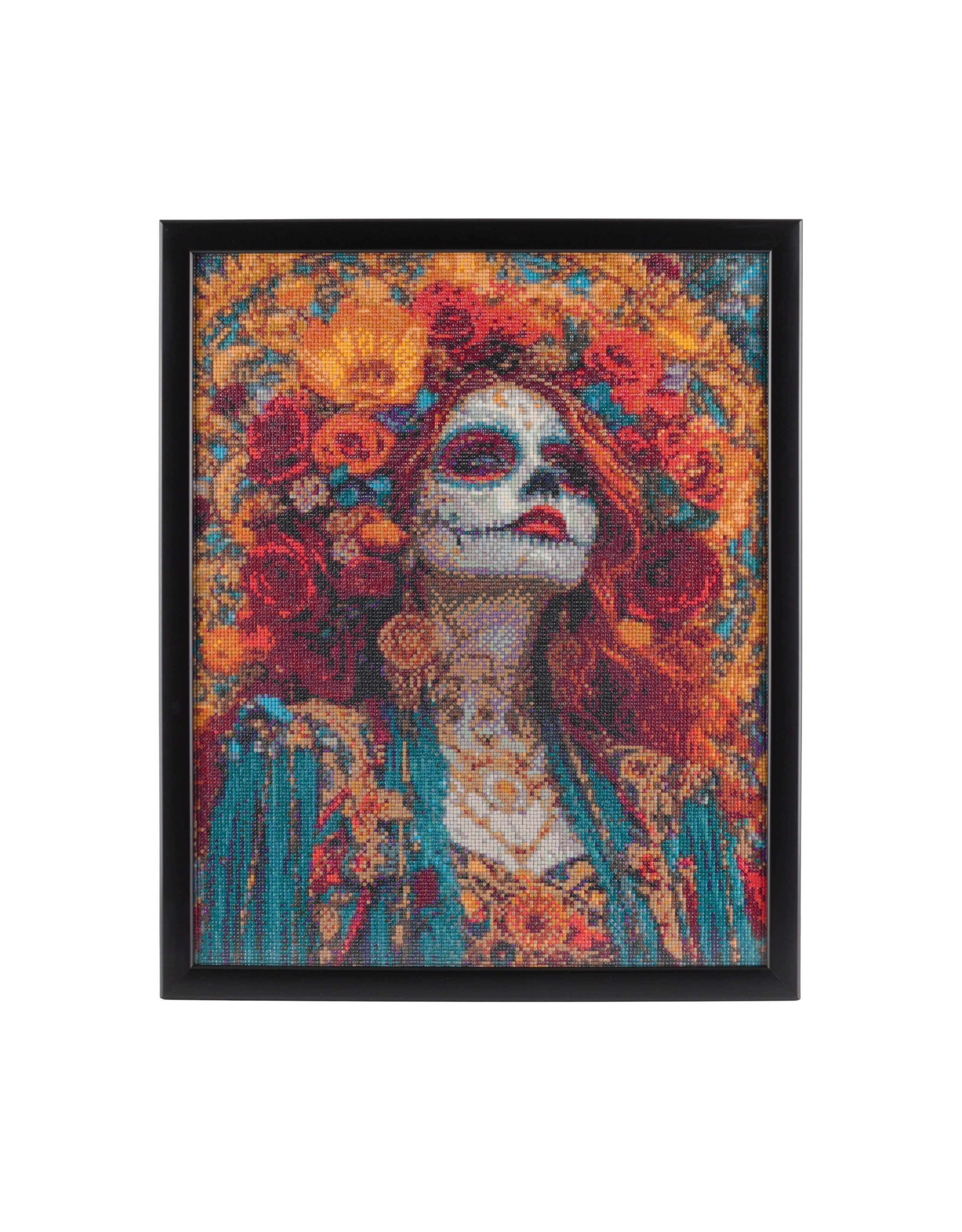 Woman in Flowers handcrafted Día de los Muertos sugar skull crystal micro-mosaic wall art by Lunarti | One-of-a-kind luxury wall art 