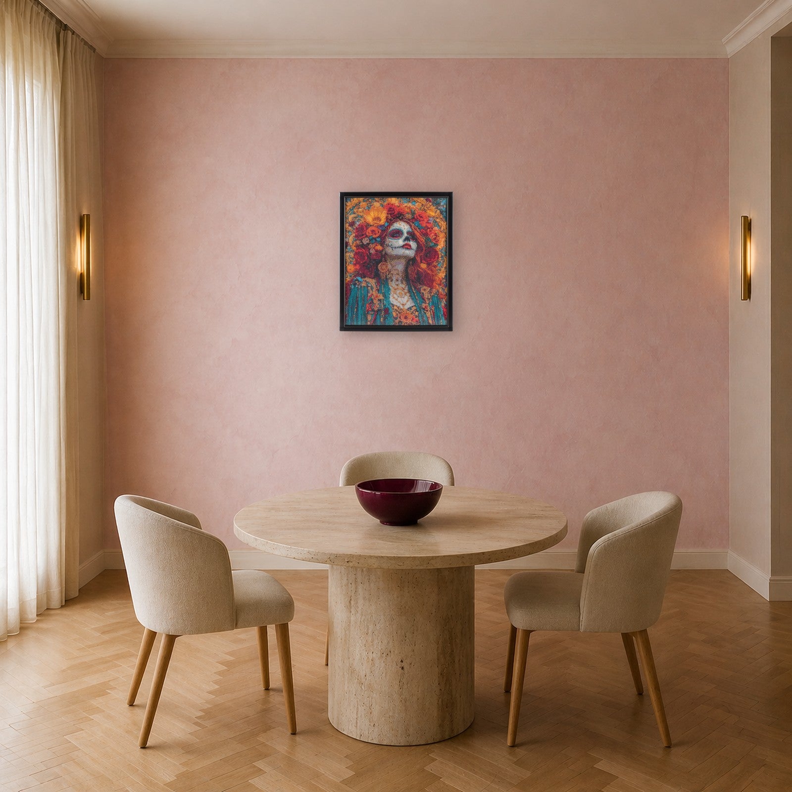 Woman in Flowers handcrafted sugar skull crystal micro-mosaic wall art by Lunarti in a blush dining room with travertine