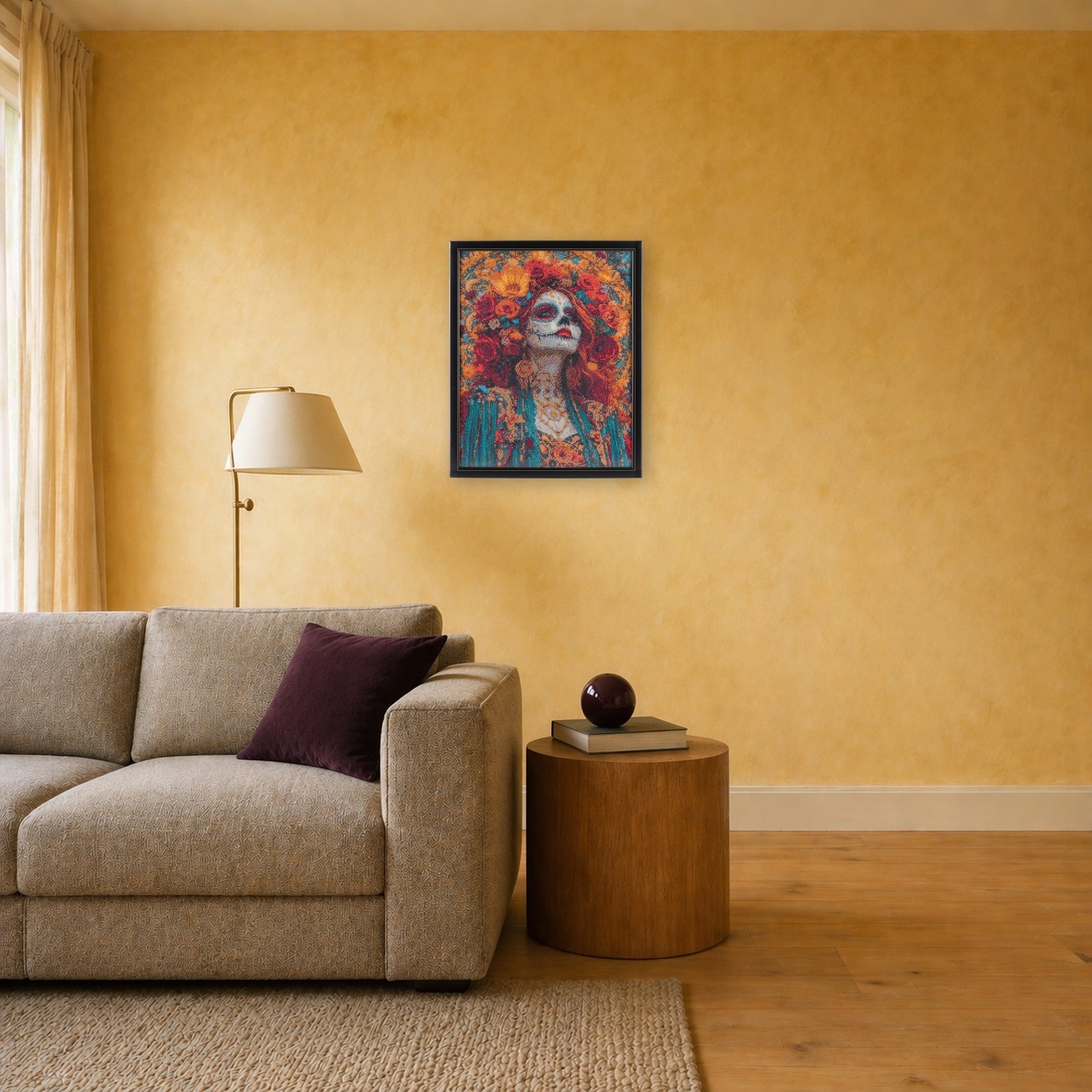 Woman in Flowers handcrafted sugar skull crystal micro-mosaic wall art by Lunarti in a warm ochre living room with linen sofa